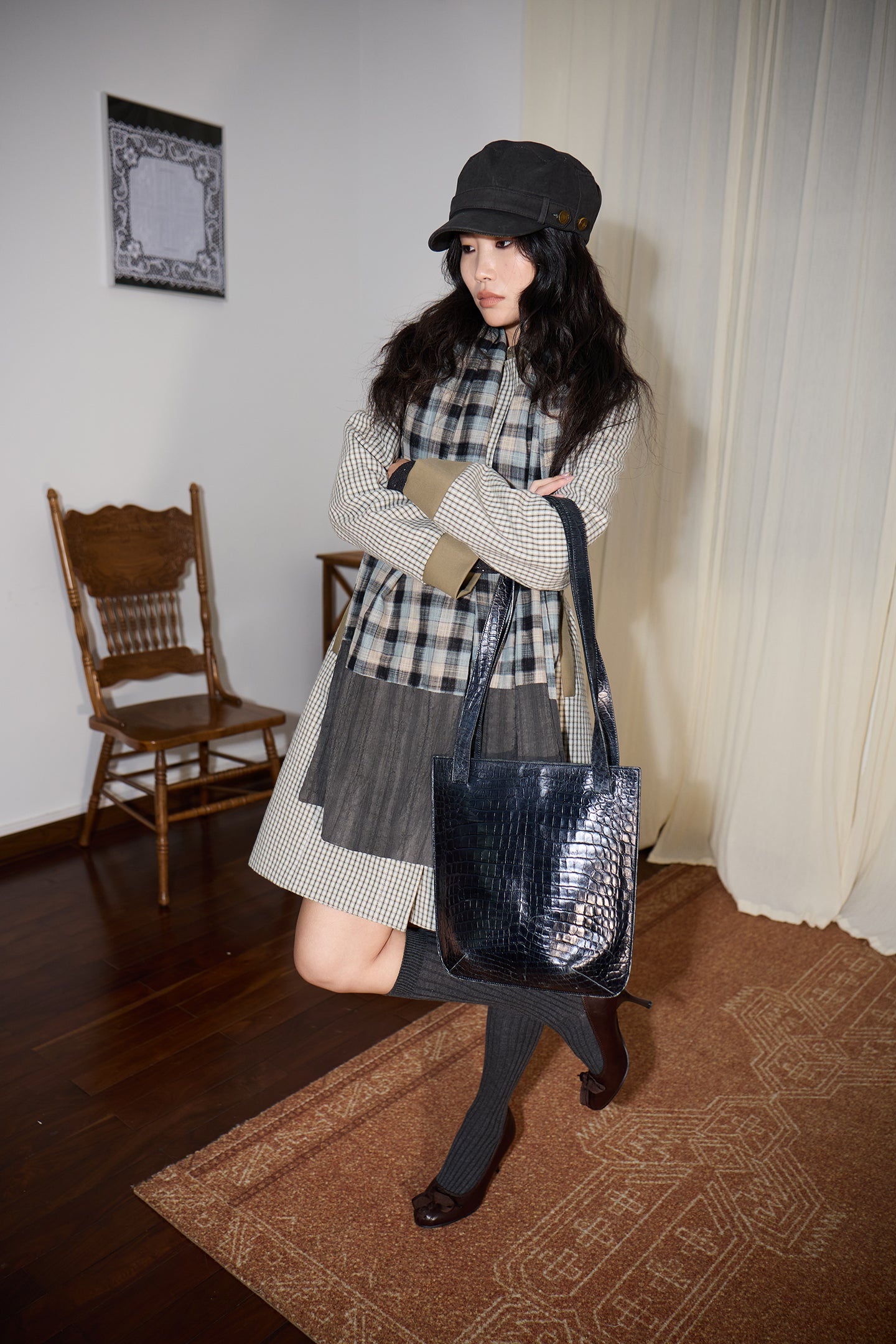 Green Check Mid-Long Fitted Coat