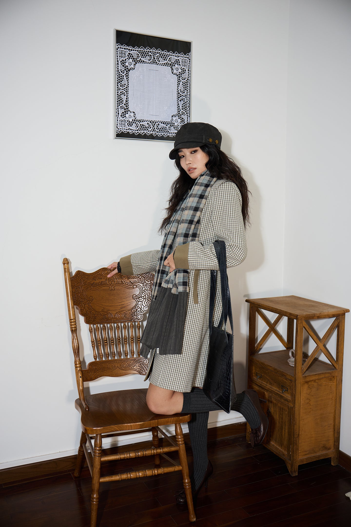 Green Check Mid-Long Fitted Coat