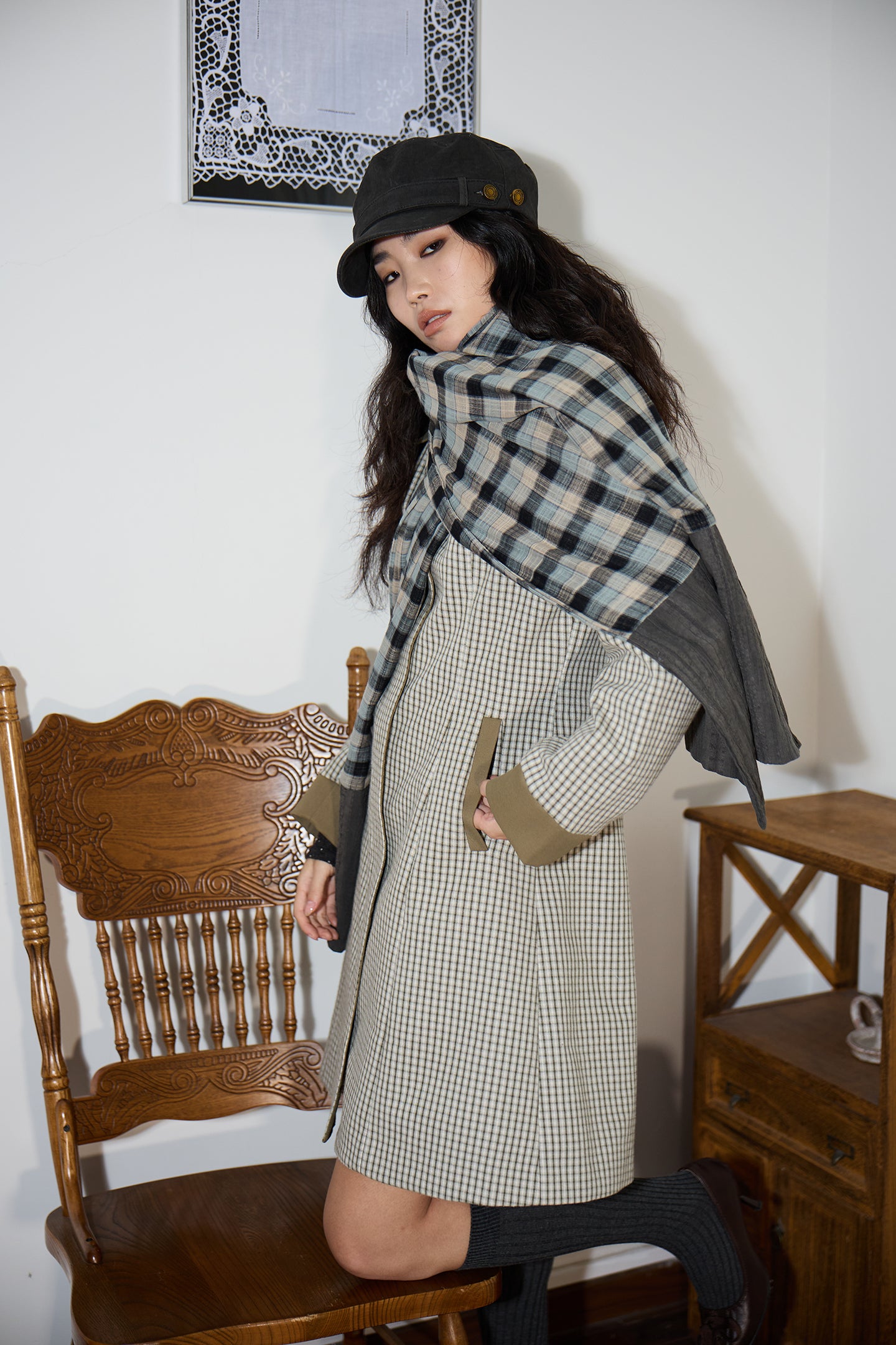 Green Check Mid-Long Fitted Coat