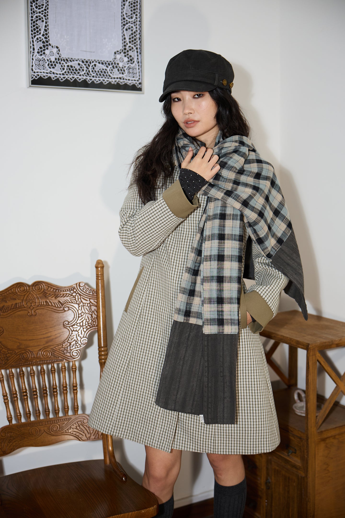 Green Check Mid-Long Fitted Coat