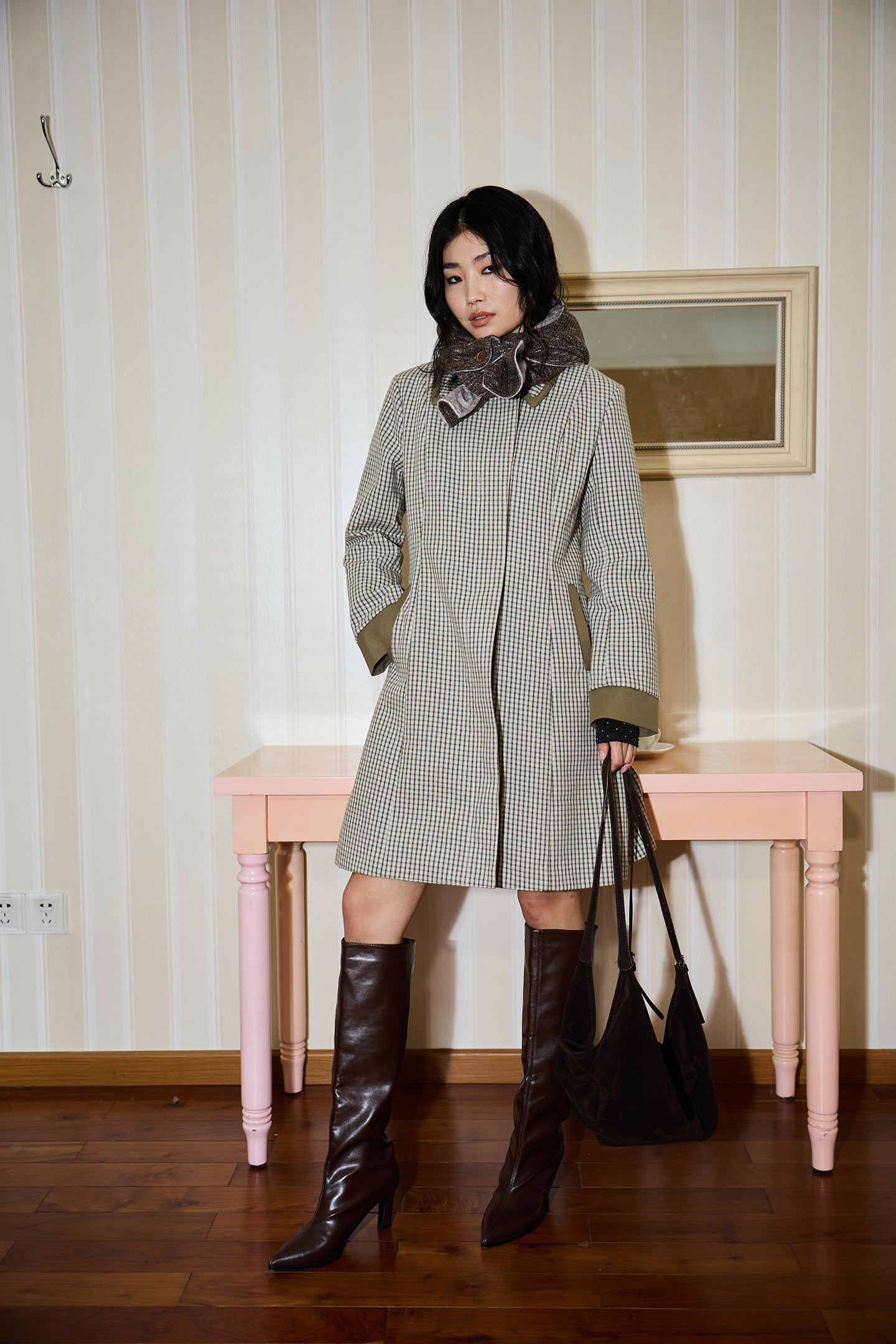Green Check Mid-Long Fitted Coat