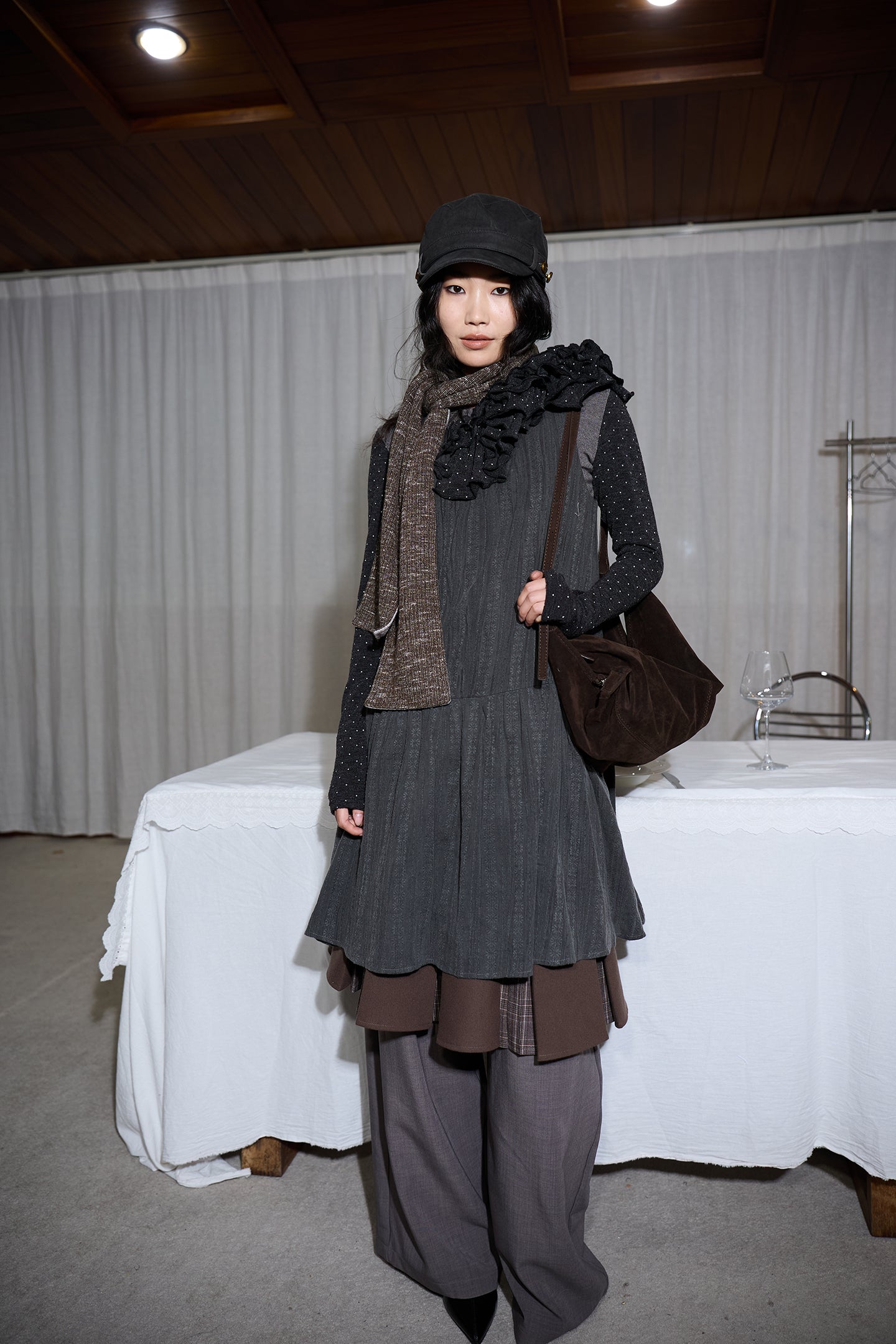 Polka Dot Frill Detachable-Scarf Top