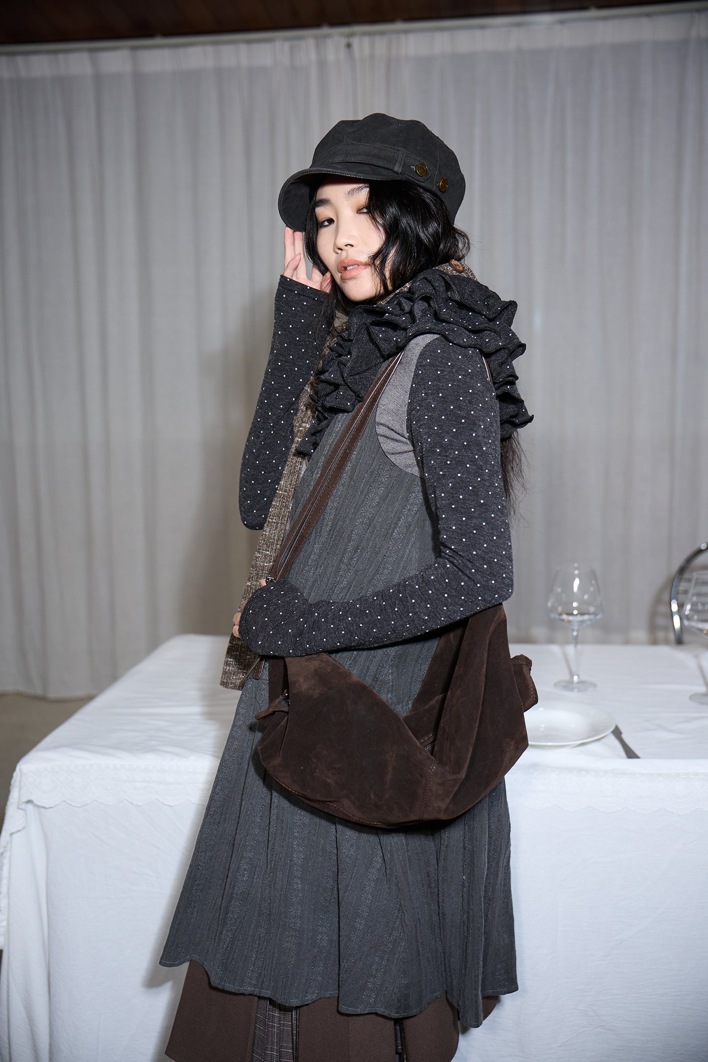 Polka Dot Frill Detachable-Scarf Top