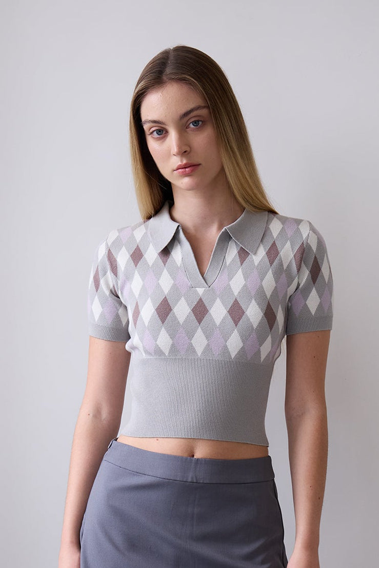 Argyle Pointed-Collar Knit Top