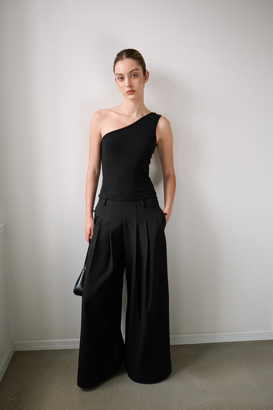 Dandy Black Pleated Wide-Leg Tailored Trousers