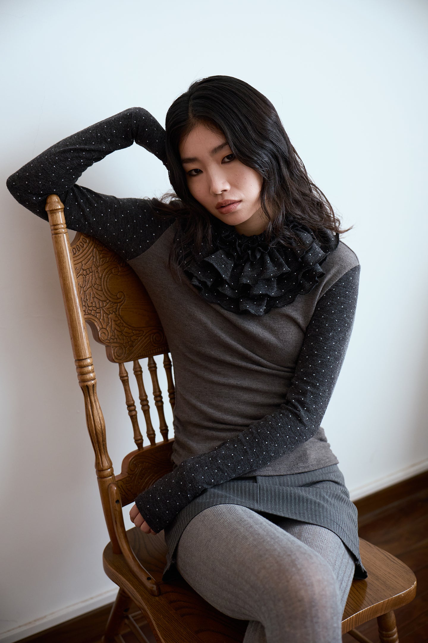 Polka Dot Frill Detachable-Scarf Top