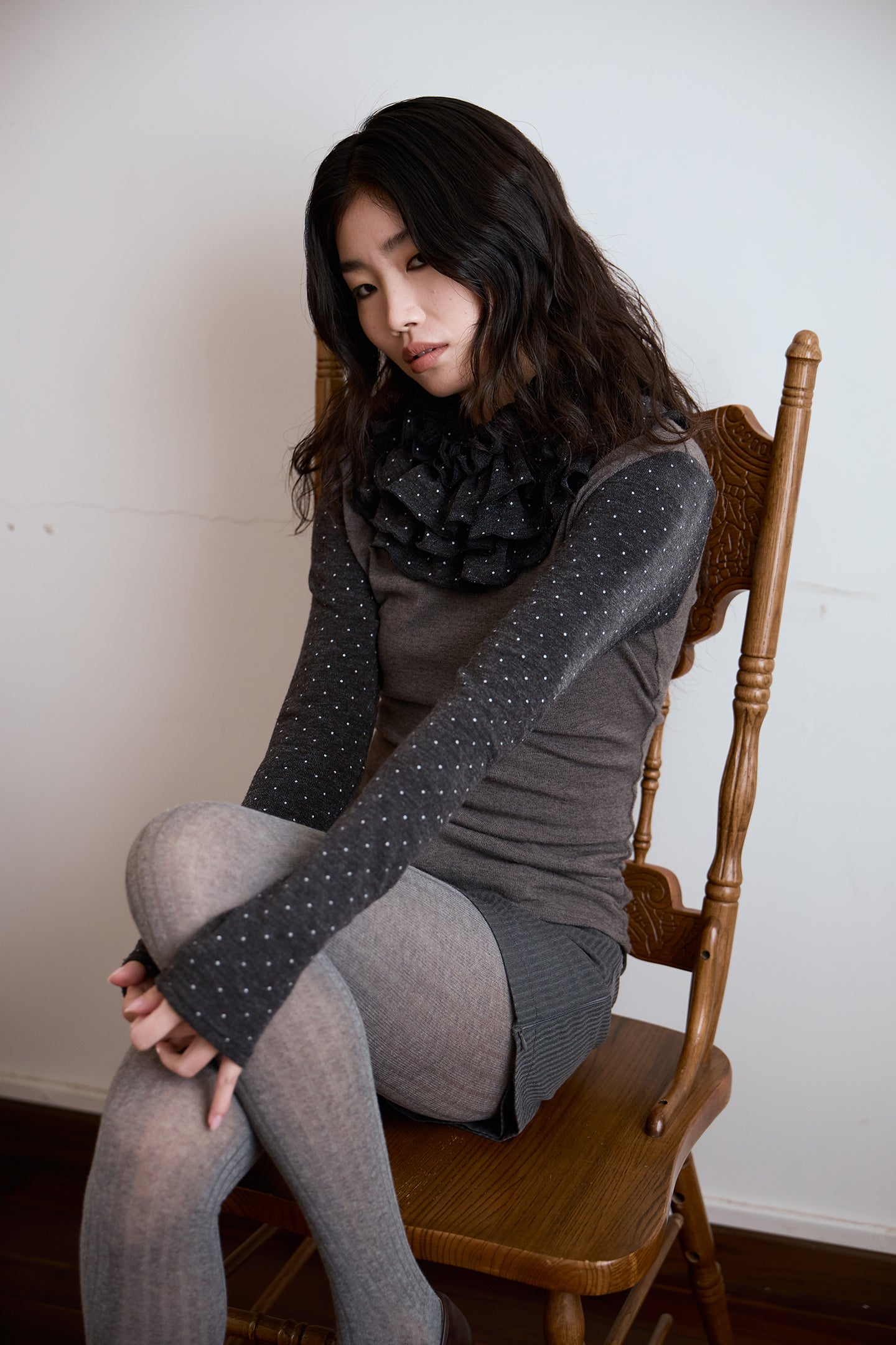 Polka Dot Frill Detachable-Scarf Top
