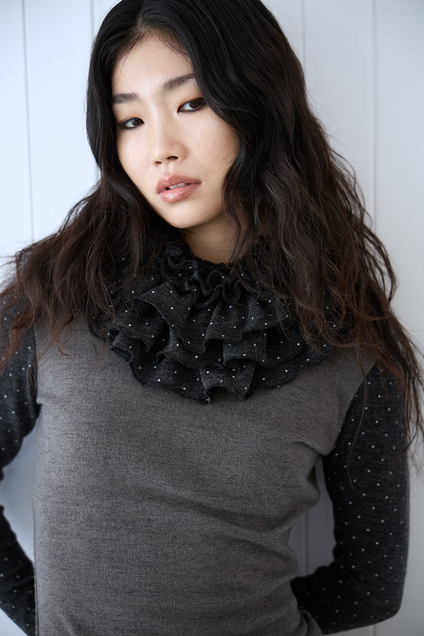 Polka Dot Frill Detachable-Scarf Top
