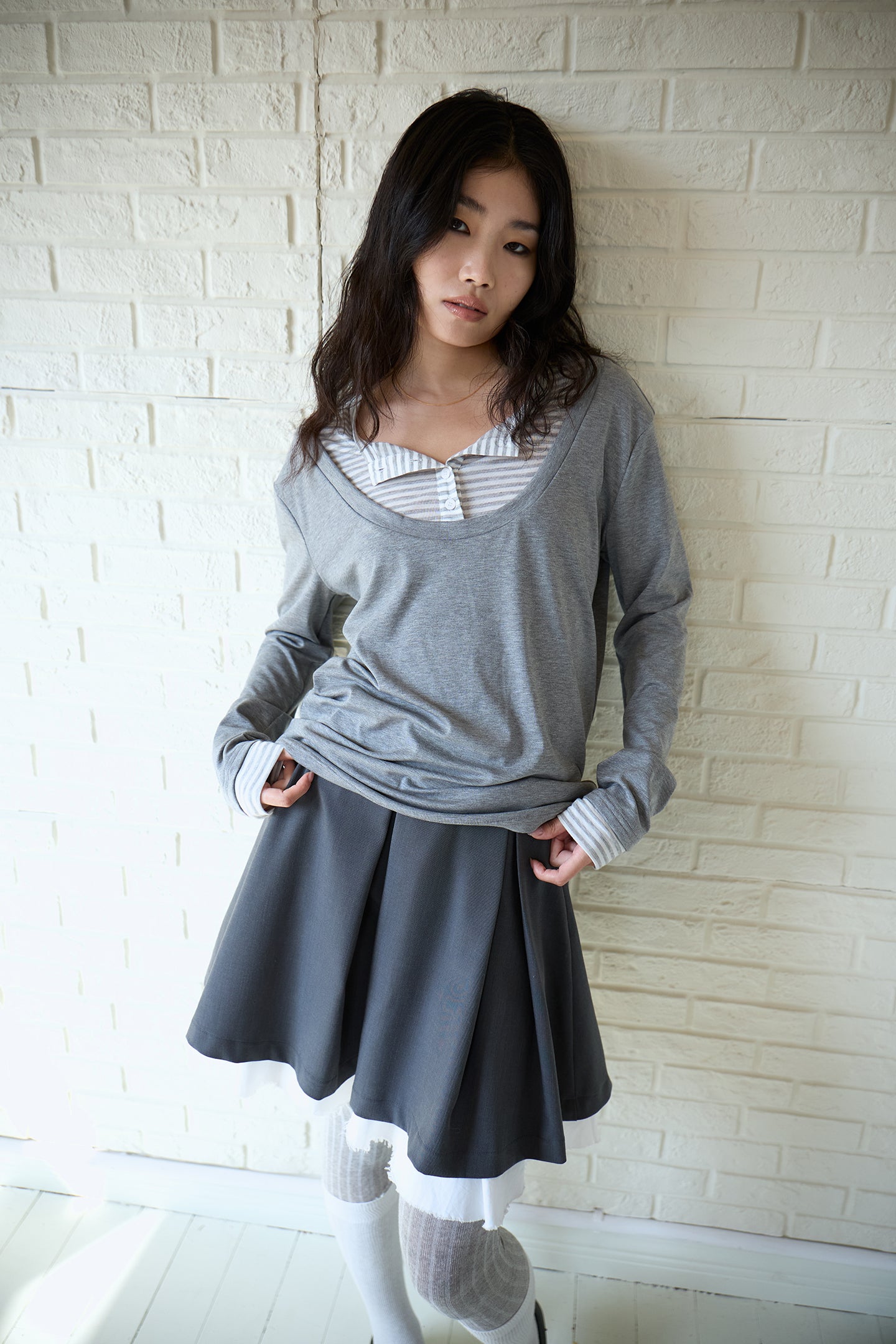 Grey Stripe Layered Long-Sleeve Top