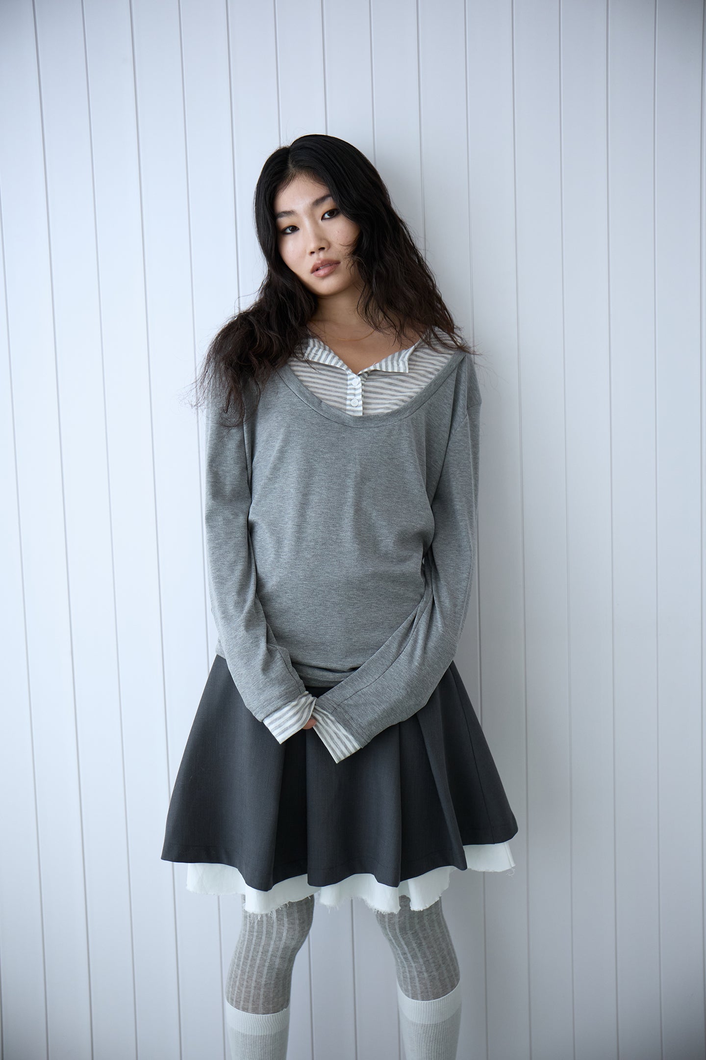 Grey Stripe Layered Long-Sleeve Top