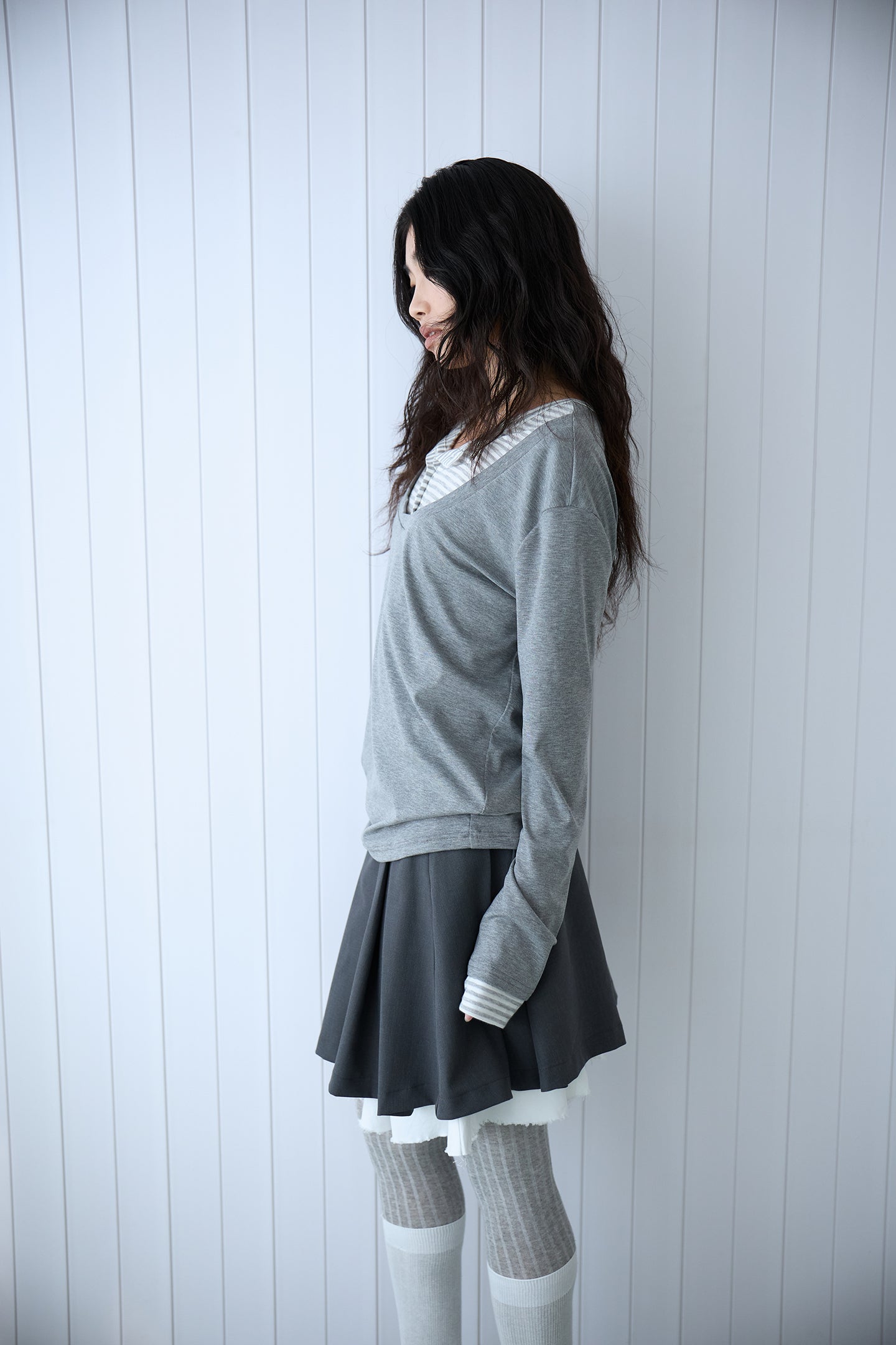 Grey Stripe Layered Long-Sleeve Top