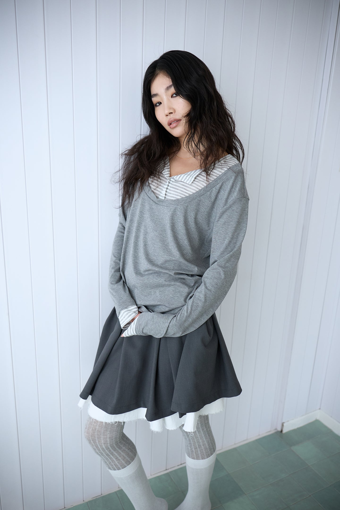 Grey Stripe Layered Long-Sleeve Top
