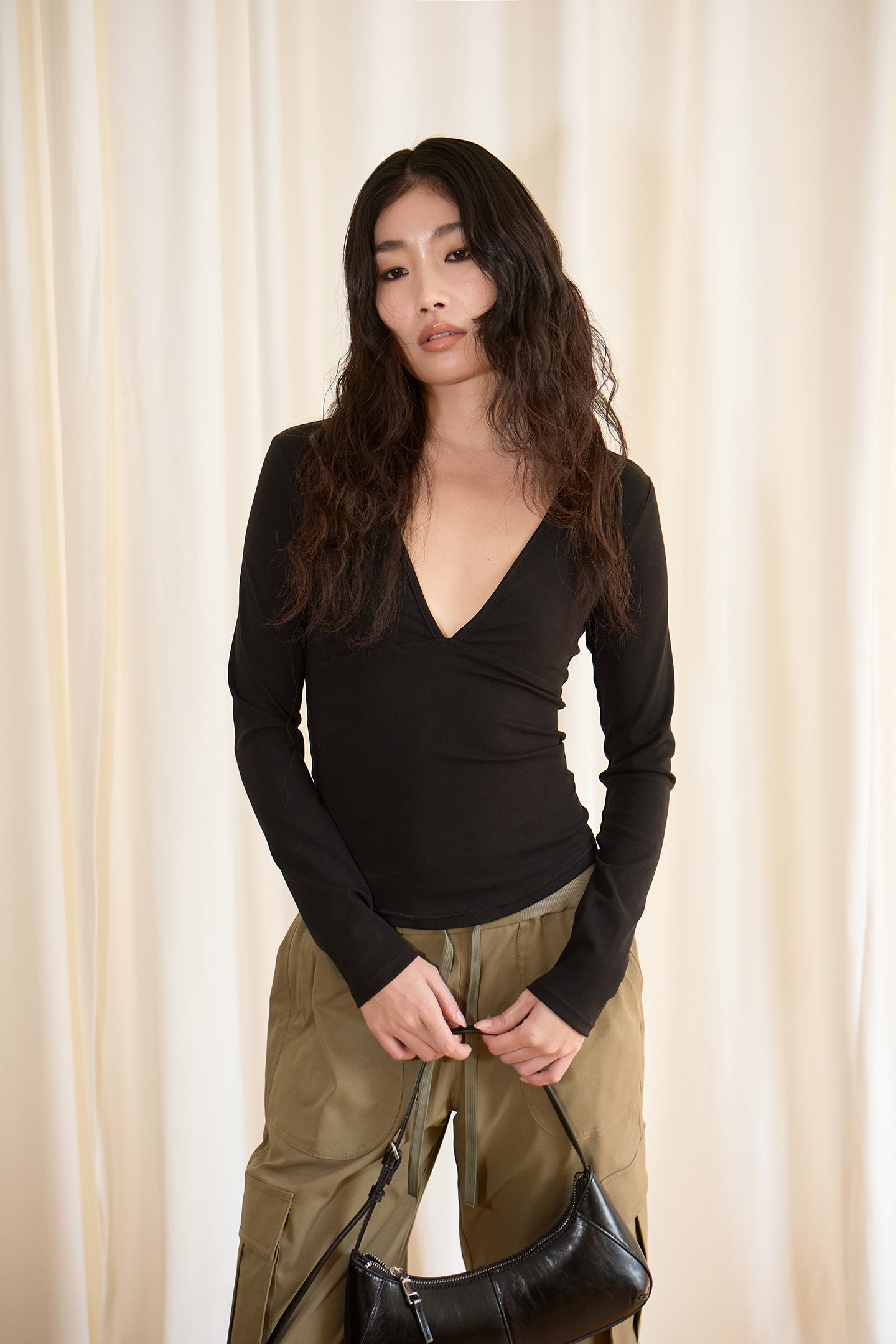 Black V-Neck Backless Knit Top