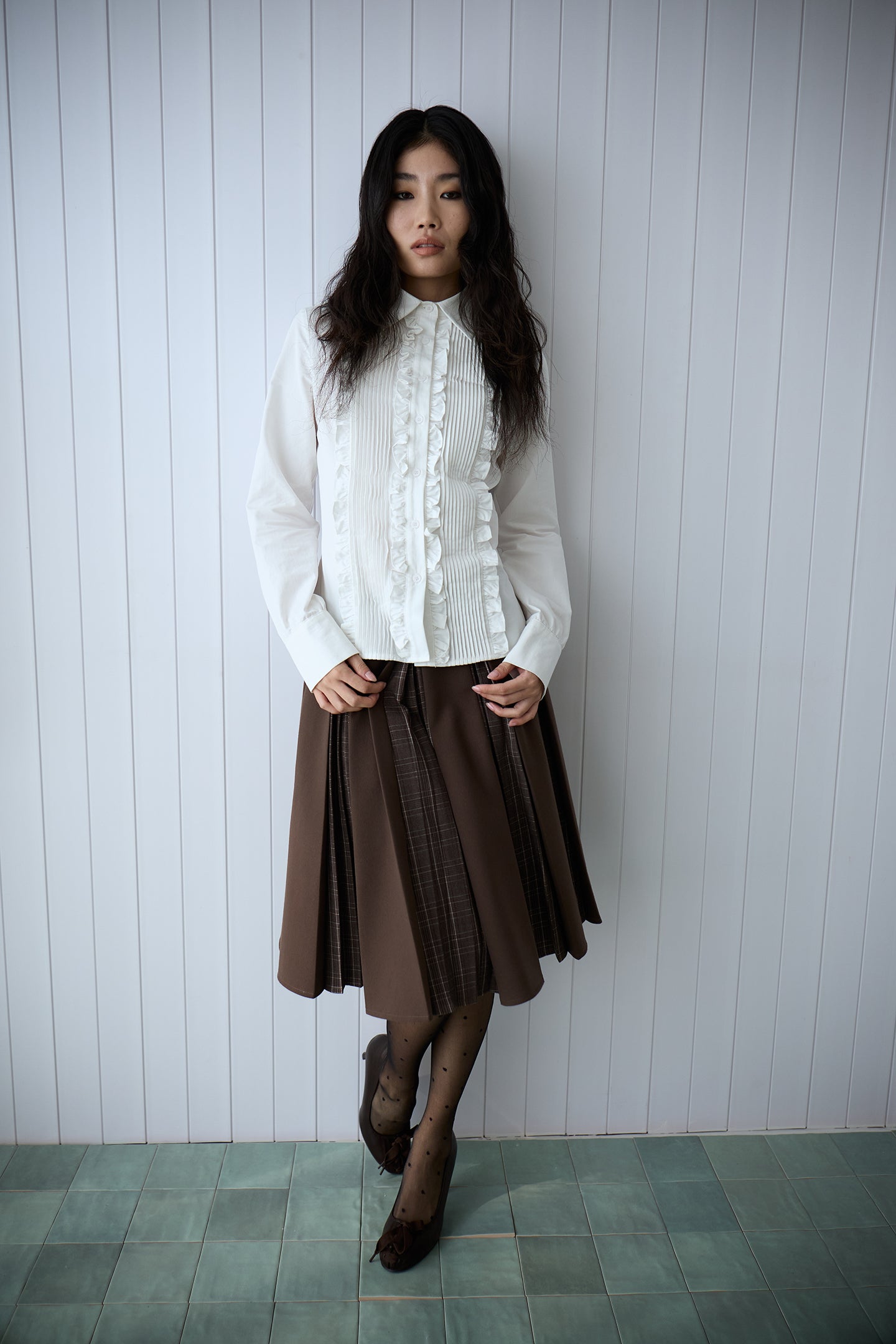 Brown Layered Pleated Plaid Patchwork Skirt