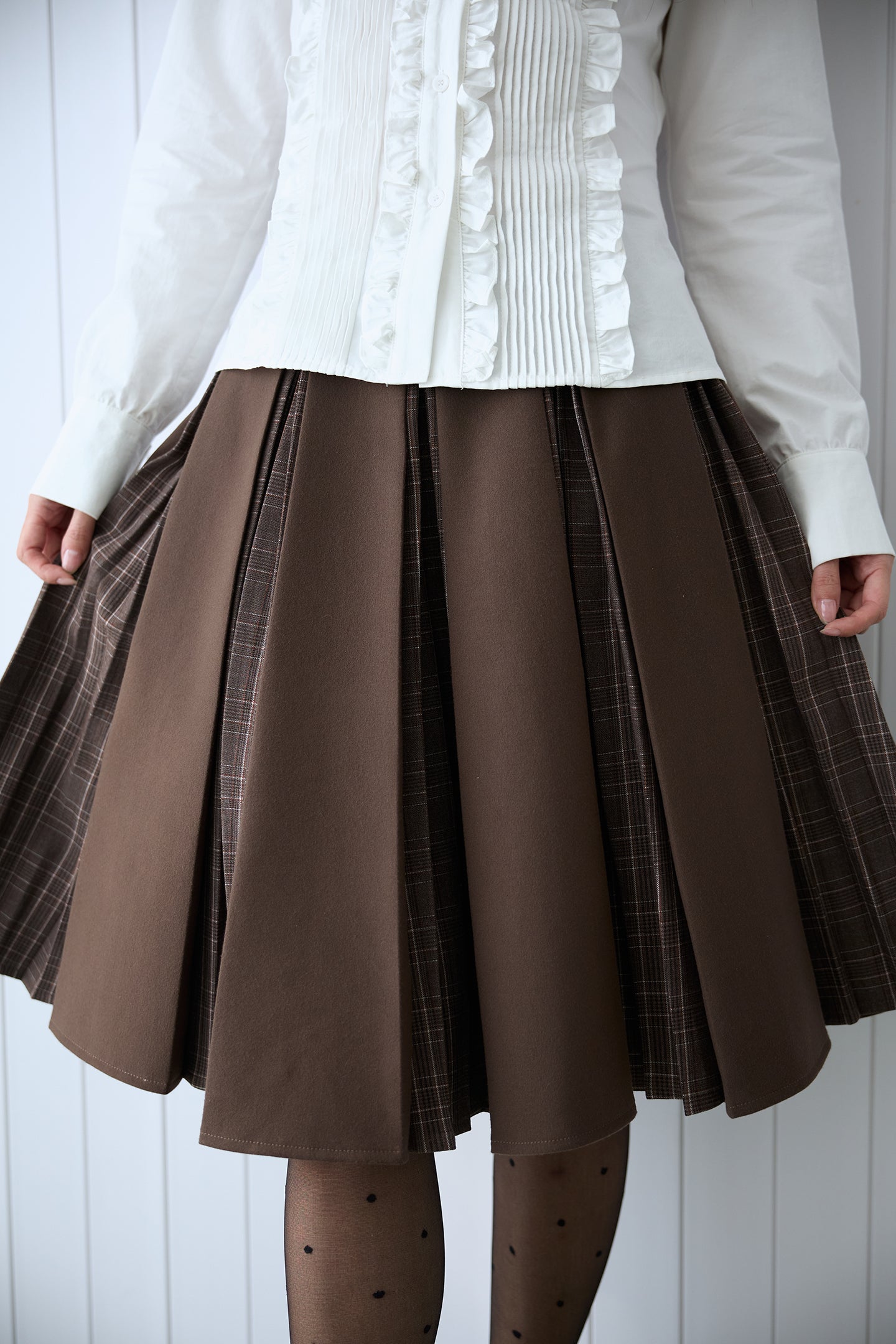 Brown Layered Pleated Plaid Patchwork Skirt