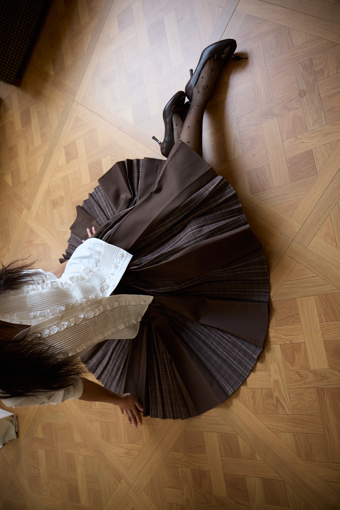 Brown Layered Pleated Plaid Patchwork Skirt