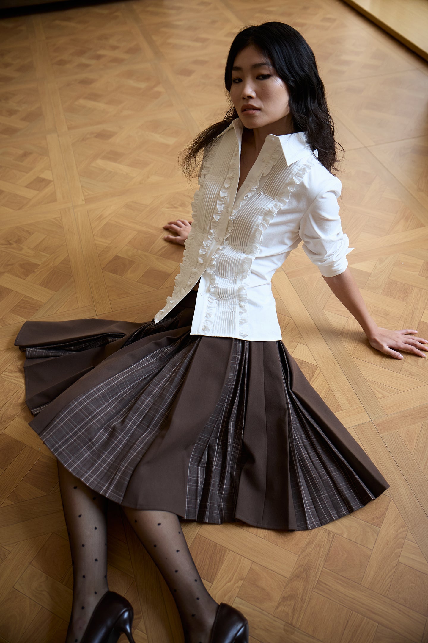 Brown Layered Pleated Plaid Patchwork Skirt