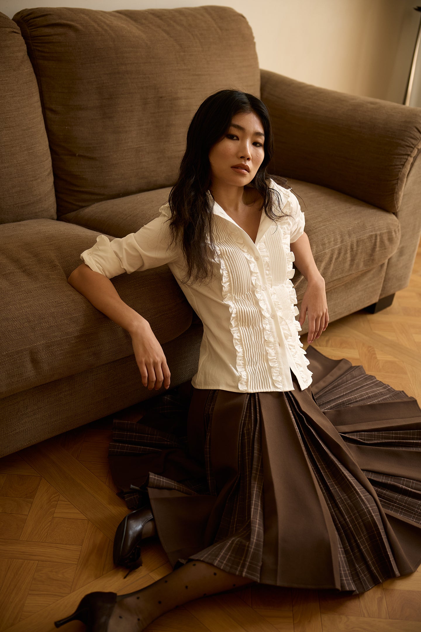 Brown Layered Pleated Plaid Patchwork Skirt