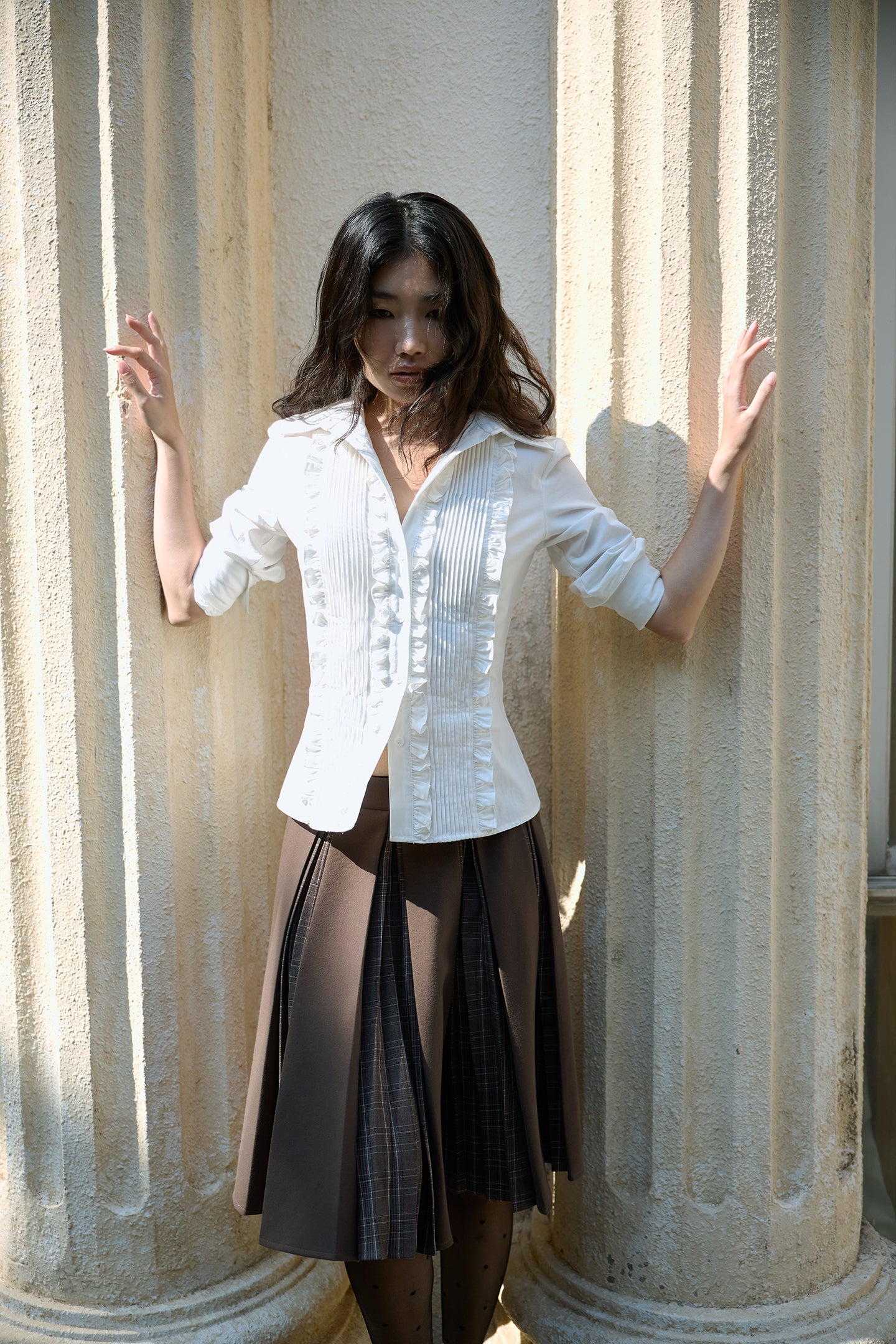 Brown Layered Pleated Plaid Patchwork Skirt
