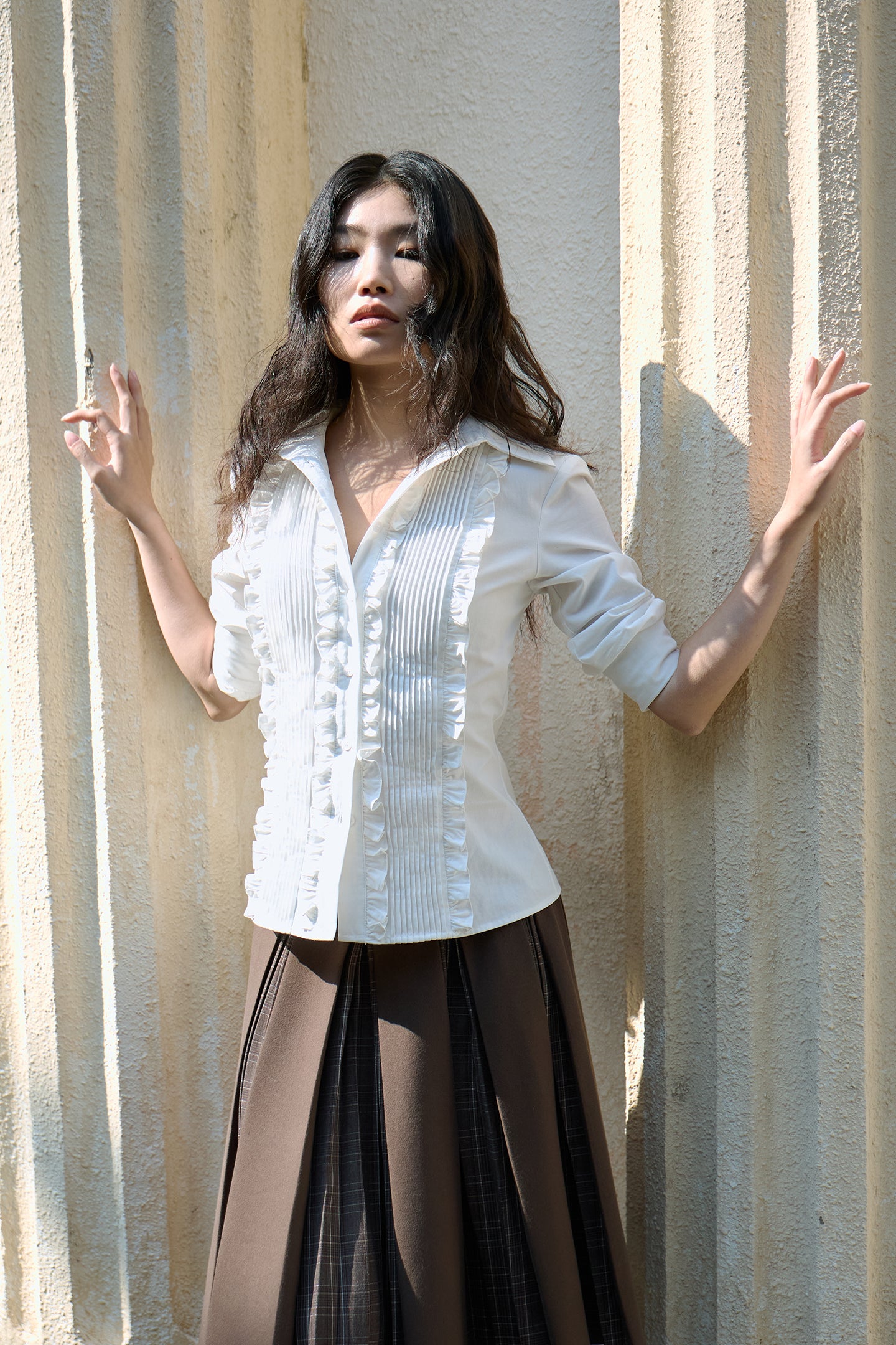 Brown Layered Pleated Plaid Patchwork Skirt
