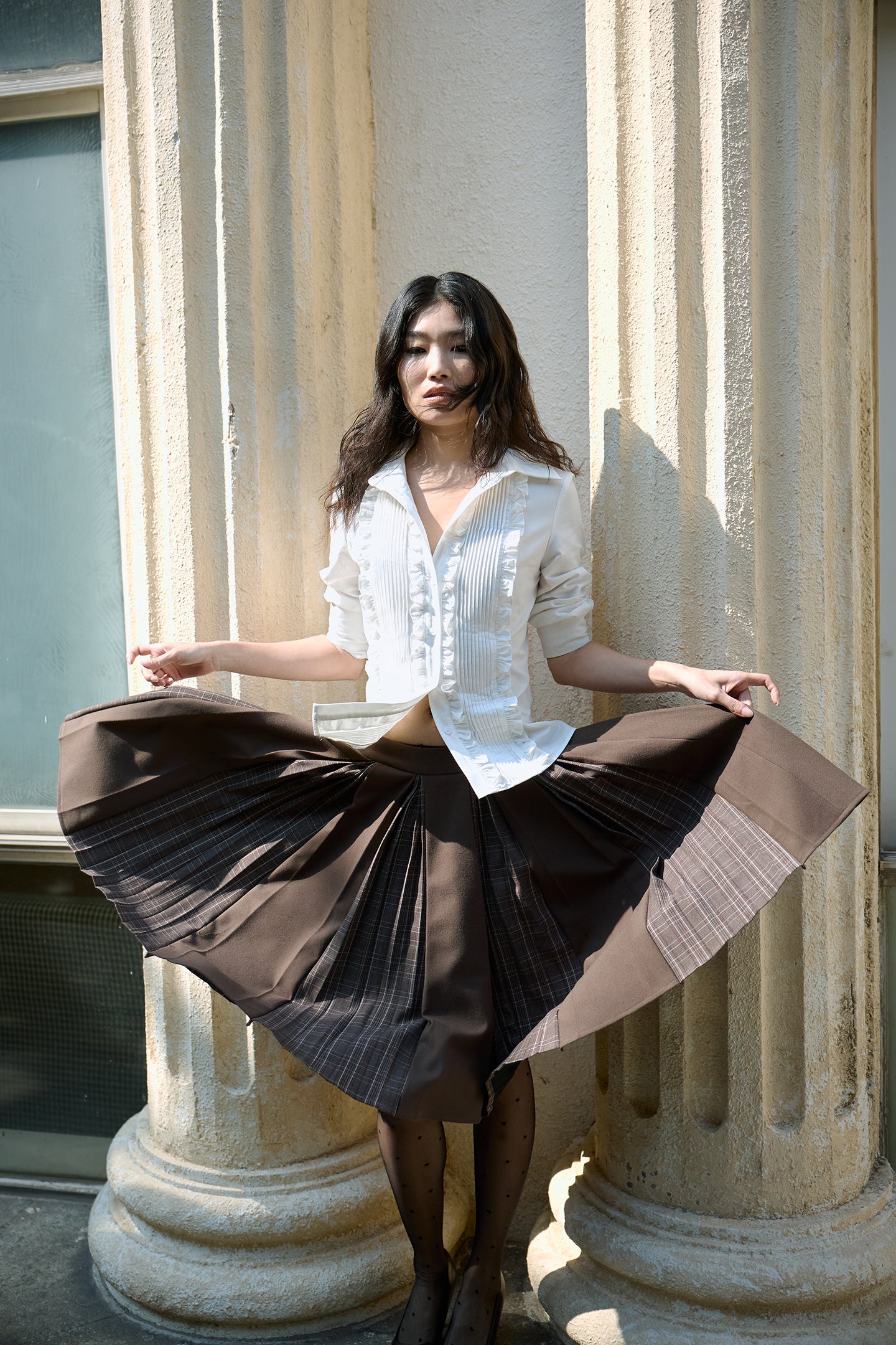 Brown Layered Pleated Plaid Patchwork Skirt