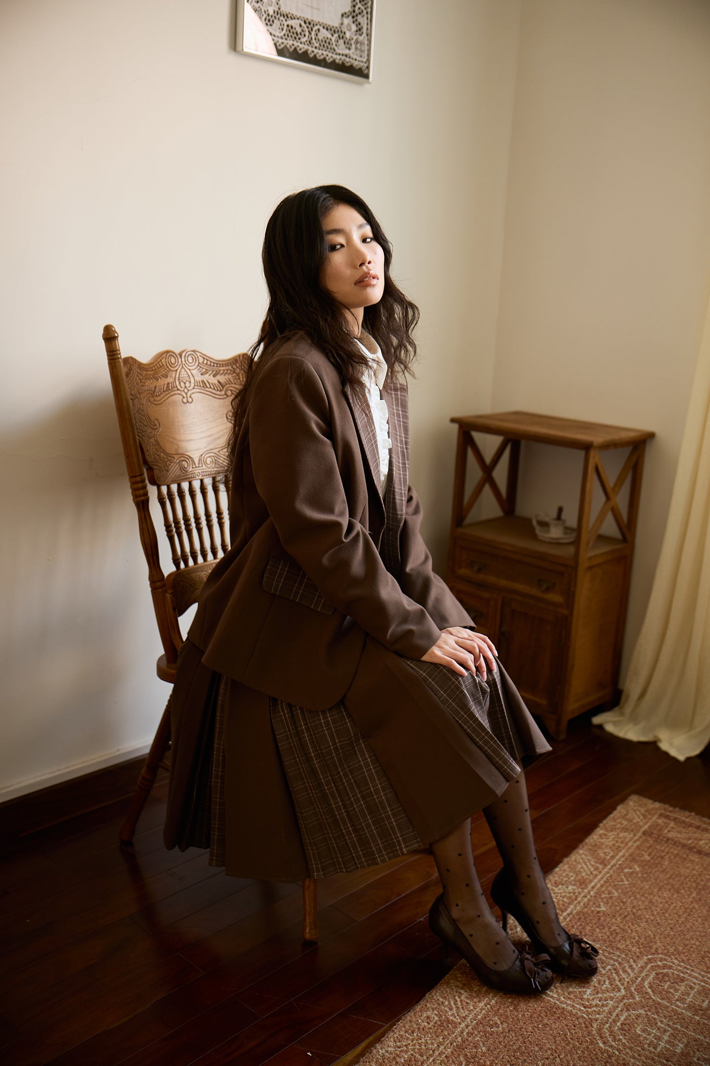 Brown Plaid Patchwork Loose-Fit Blazer