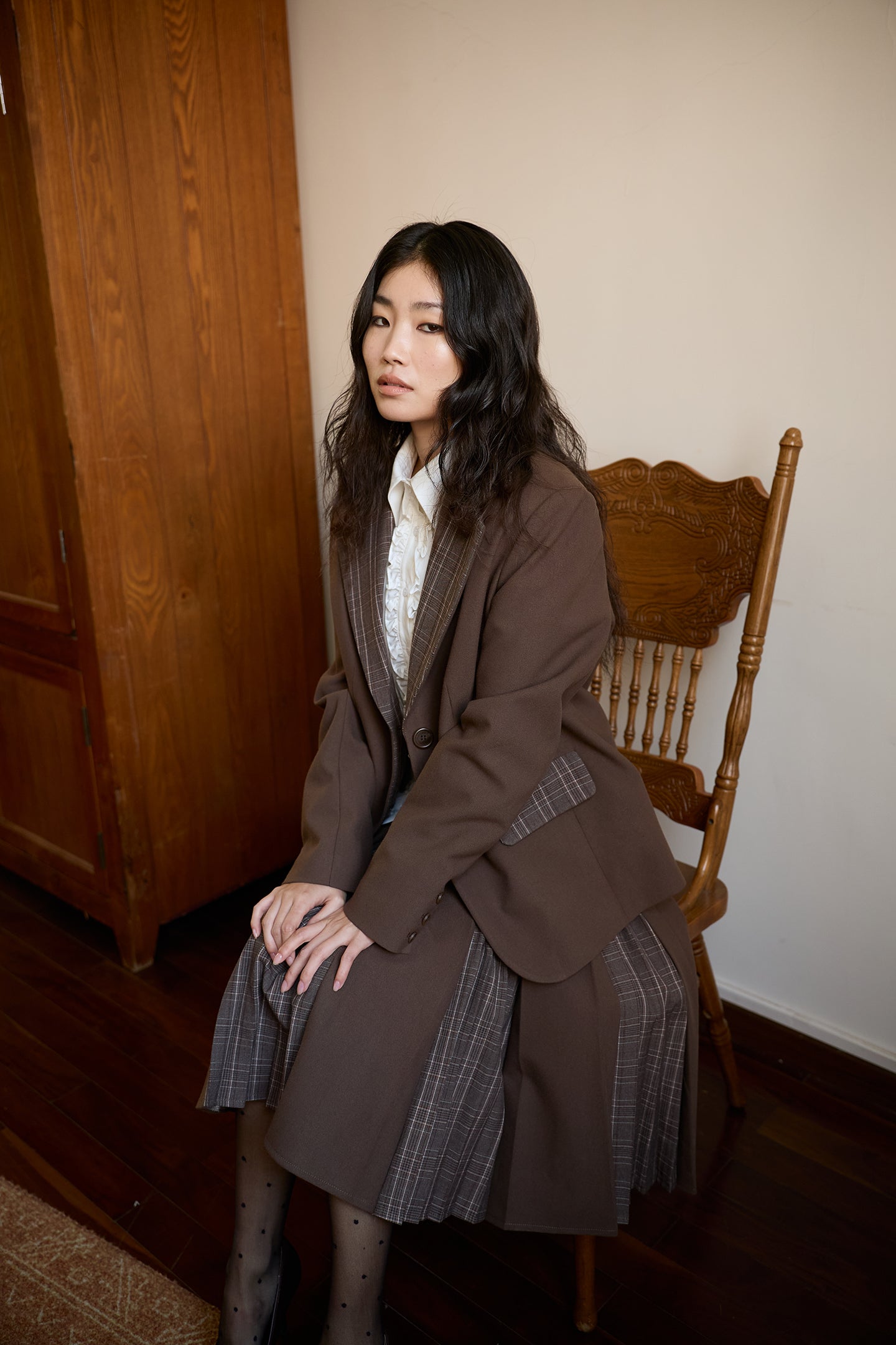Brown Plaid Patchwork Loose-Fit Blazer