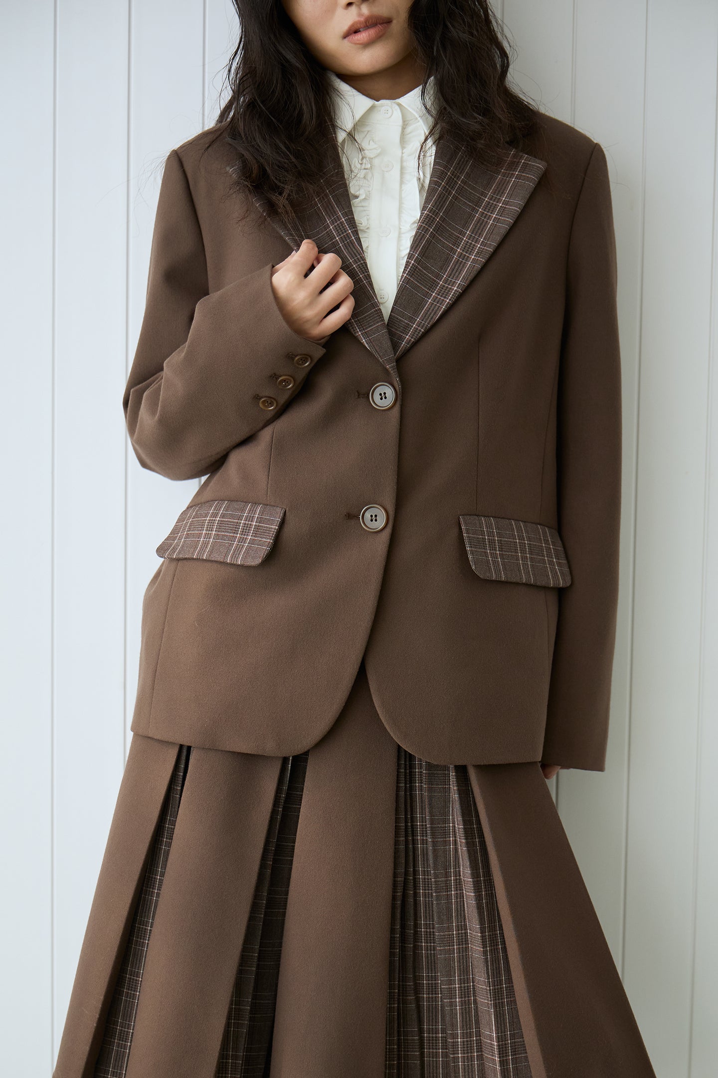 Brown Plaid Patchwork Loose-Fit Blazer