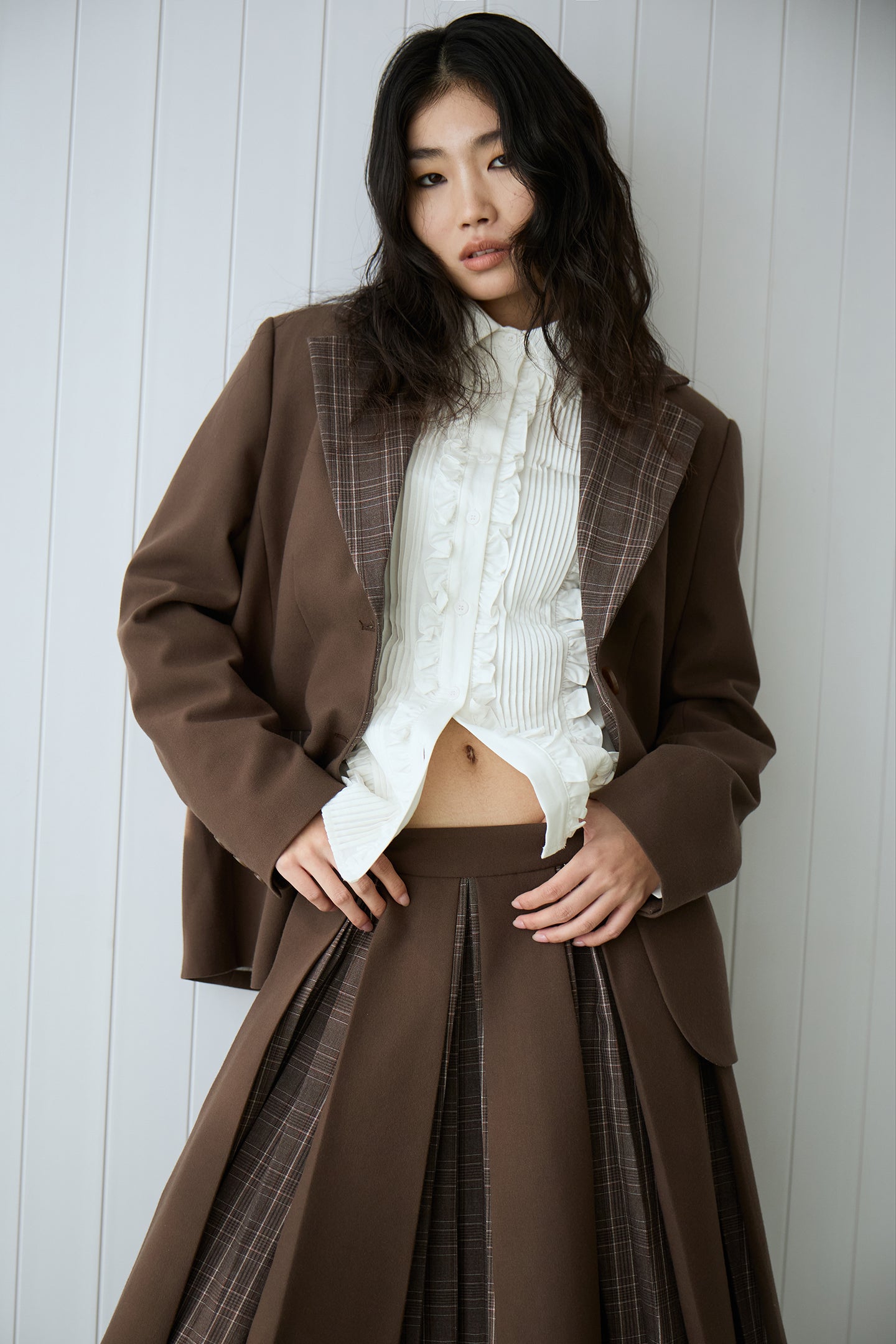 Brown Layered Pleated Plaid Patchwork Skirt