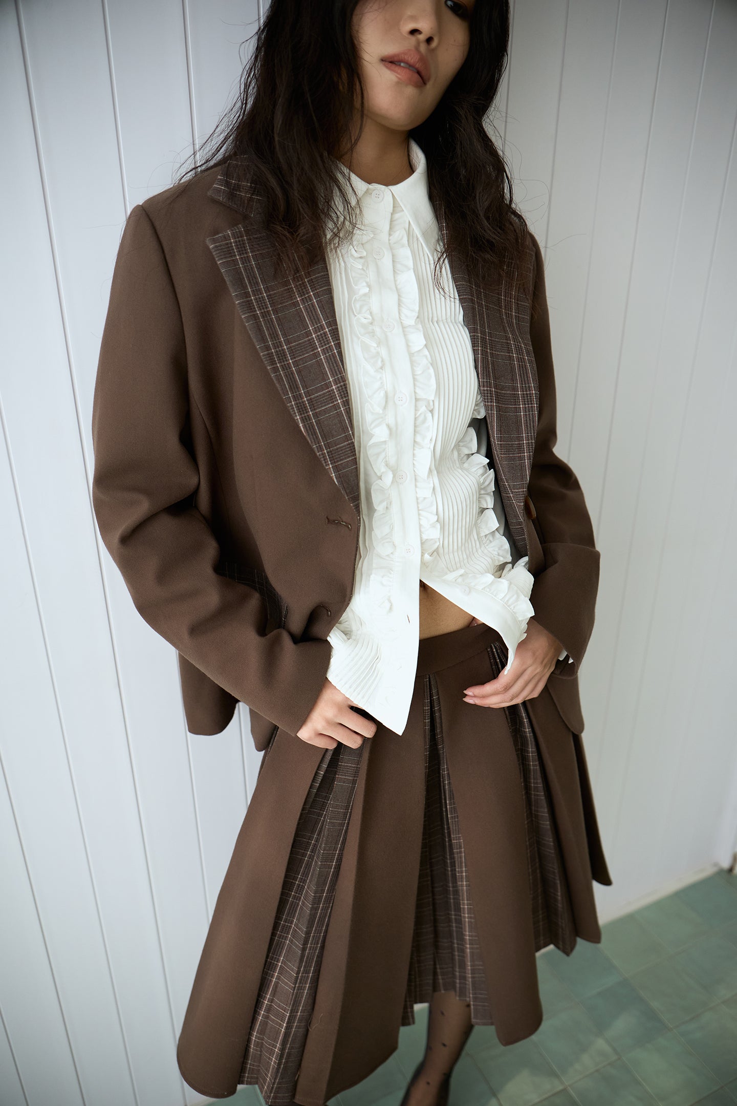 Brown Plaid Patchwork Loose-Fit Blazer