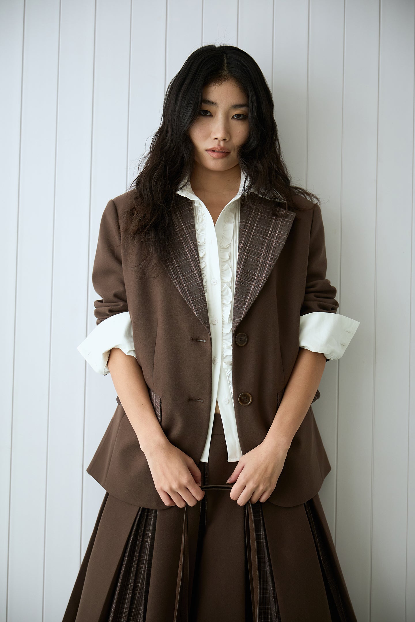 Brown Plaid Patchwork Loose-Fit Blazer