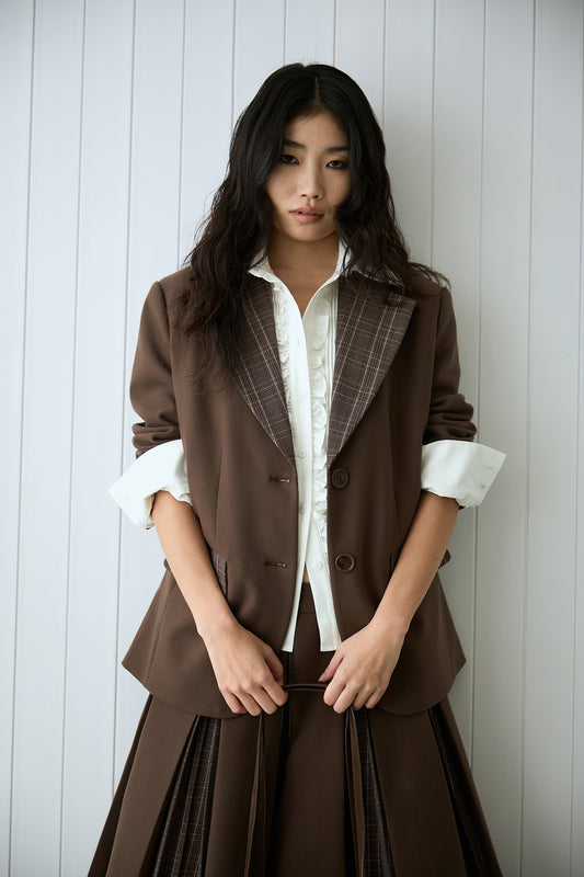 Brown Plaid Patchwork Loose-Fit Blazer