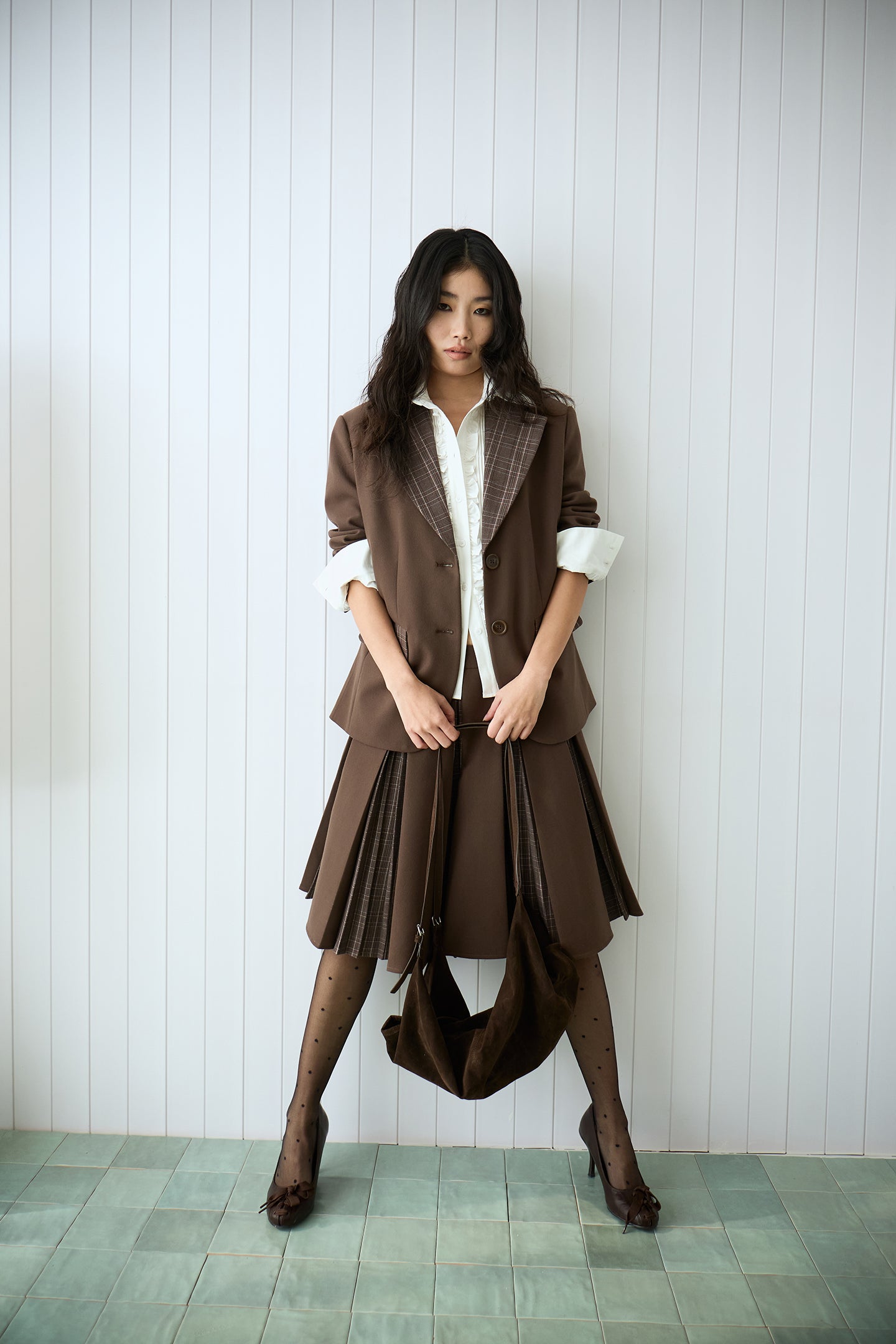 Brown Plaid Patchwork Loose-Fit Blazer