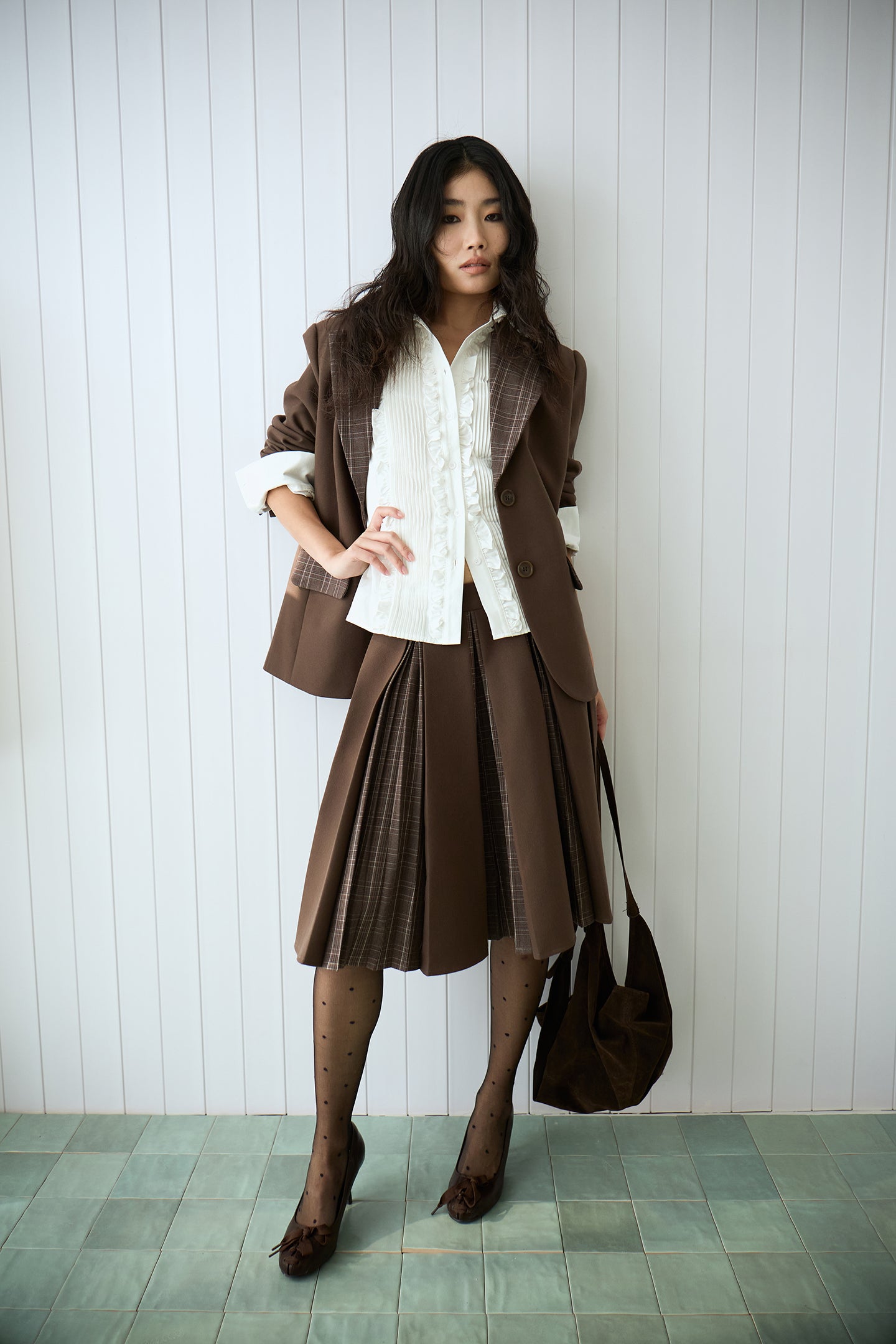 Brown Layered Pleated Plaid Patchwork Skirt