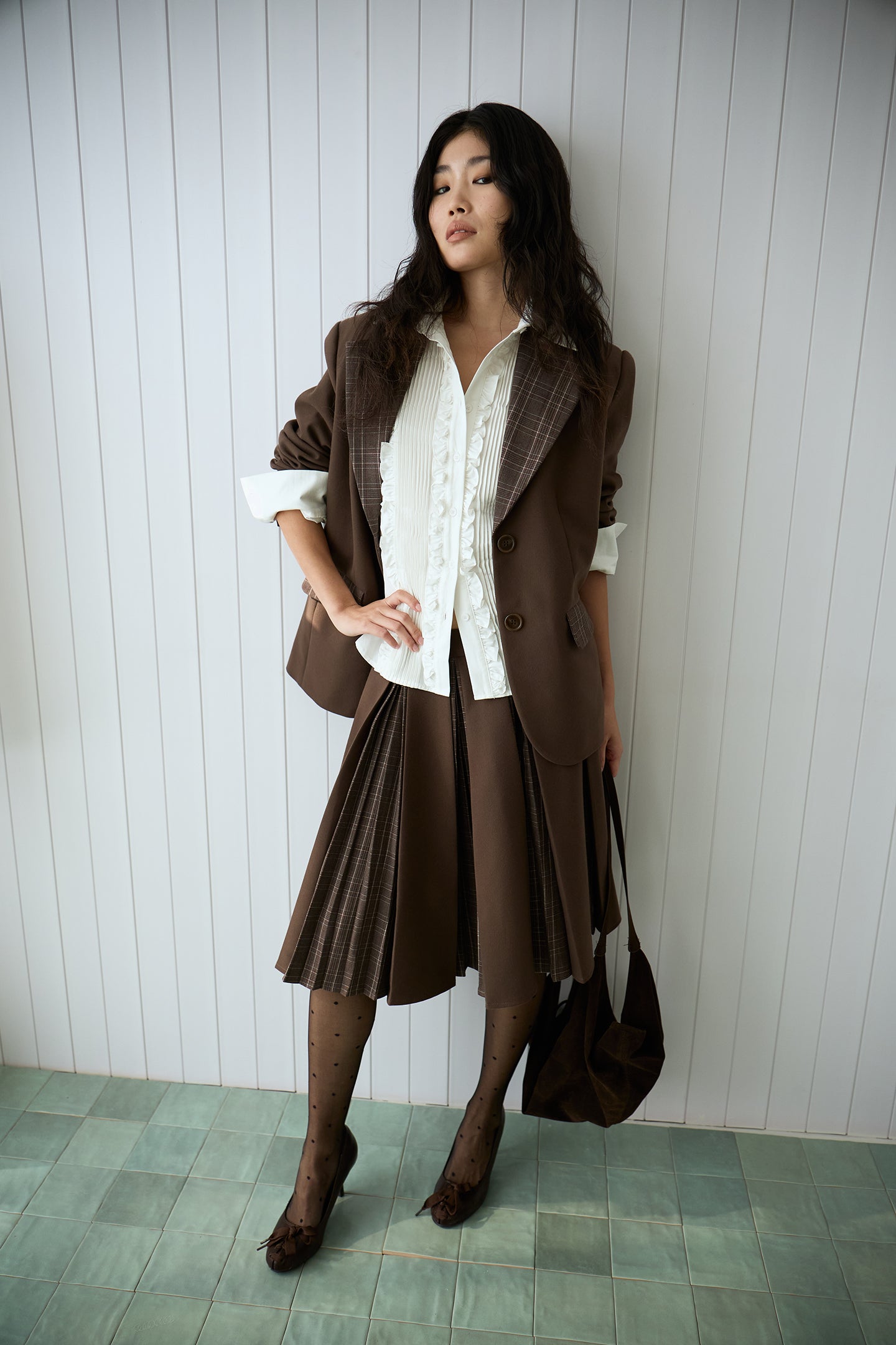 Brown Plaid Patchwork Loose-Fit Blazer
