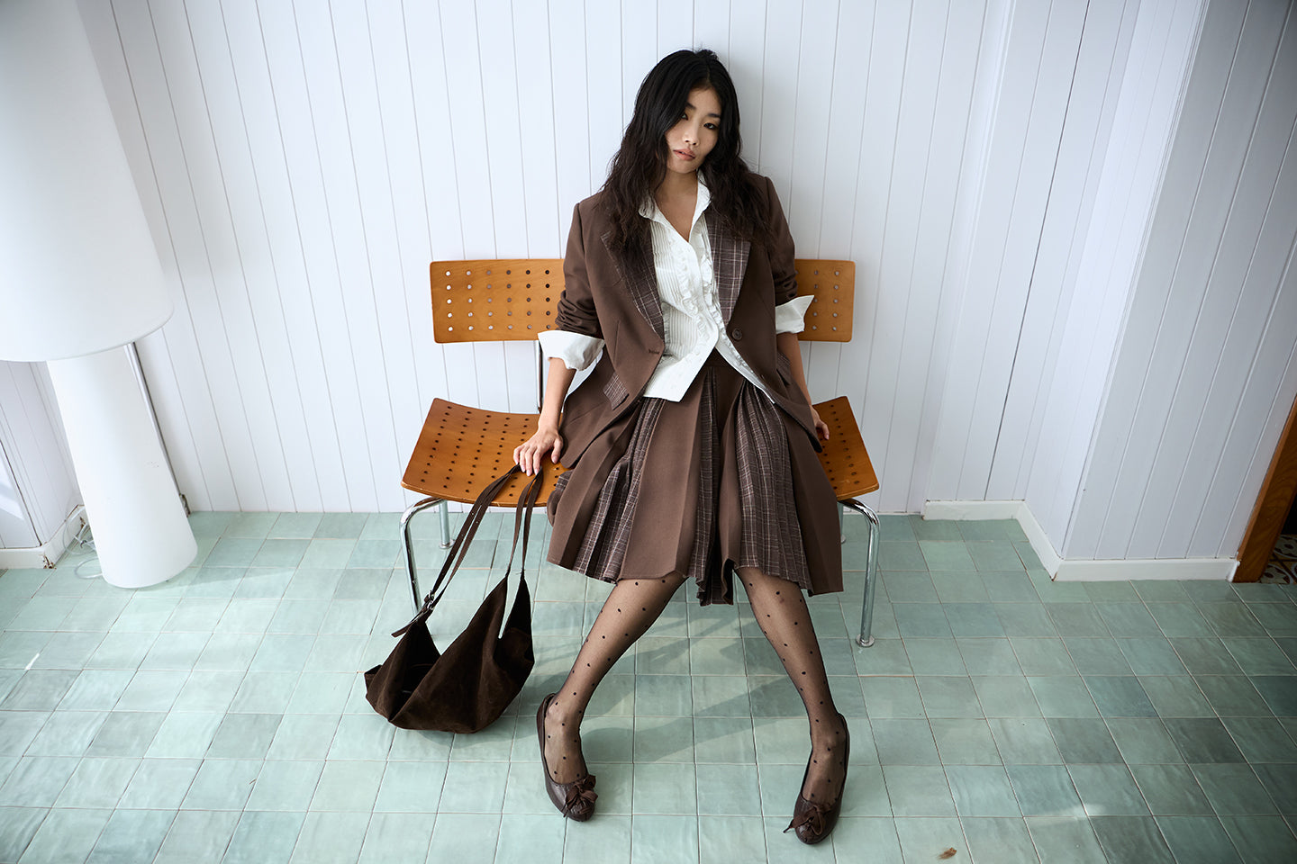 Brown Plaid Patchwork Loose-Fit Blazer