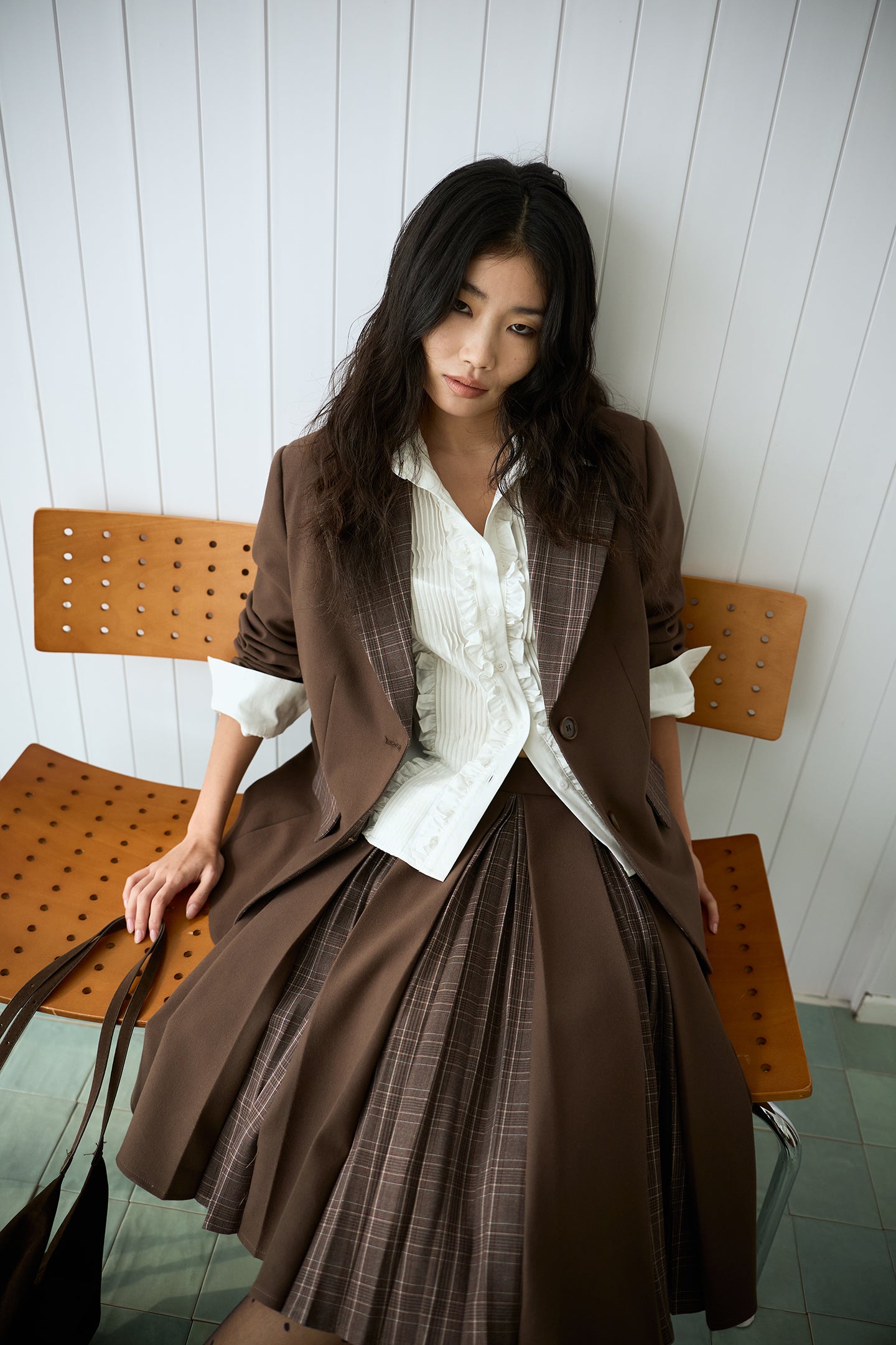 Brown Plaid Patchwork Loose-Fit Blazer
