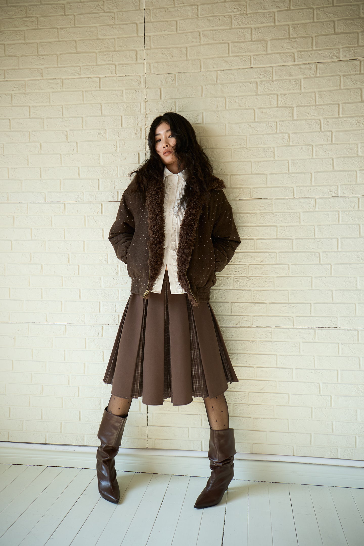 Brown Layered Pleated Plaid Patchwork Skirt