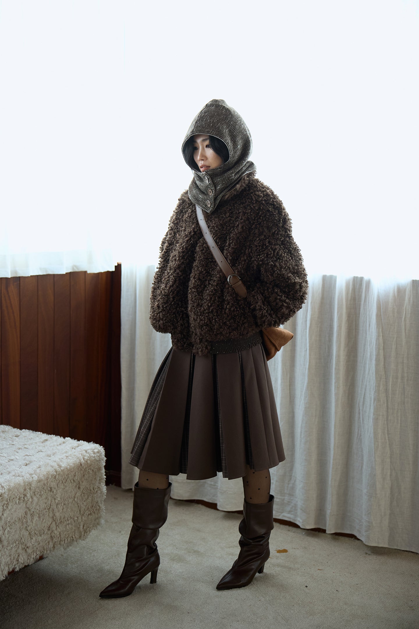Brown Layered Pleated Plaid Patchwork Skirt