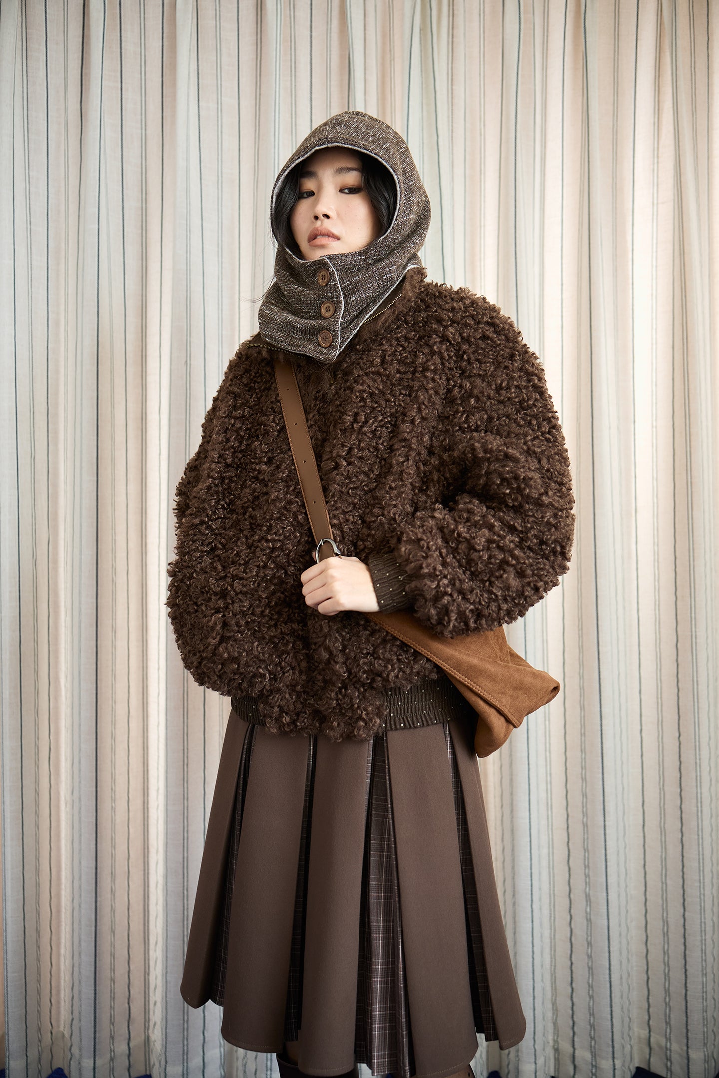 Brown Layered Pleated Plaid Patchwork Skirt