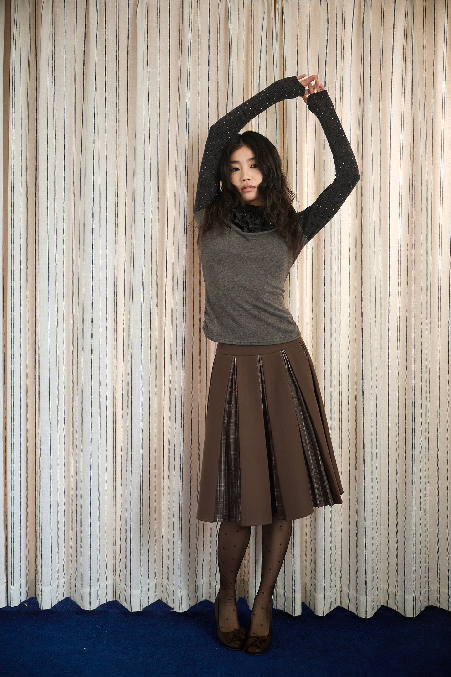 Brown Layered Pleated Plaid Patchwork Skirt