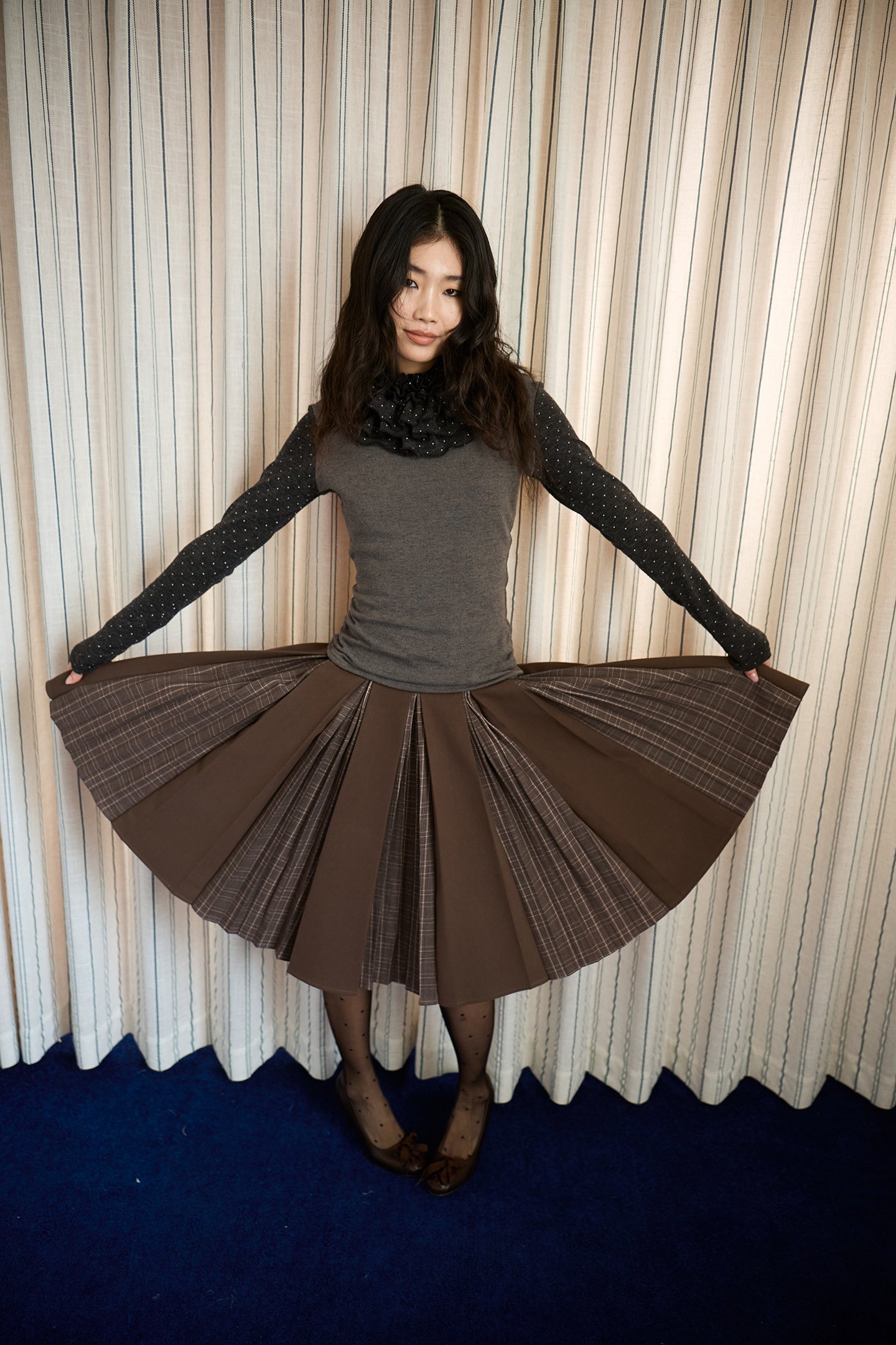 Brown Layered Pleated Plaid Patchwork Skirt