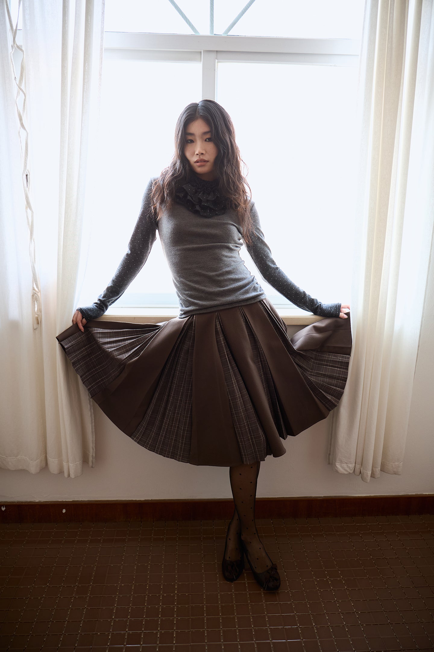 Brown Layered Pleated Plaid Patchwork Skirt