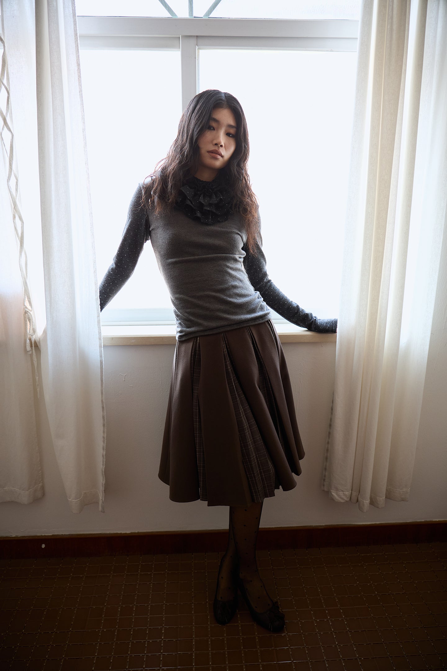 Brown Layered Pleated Plaid Patchwork Skirt