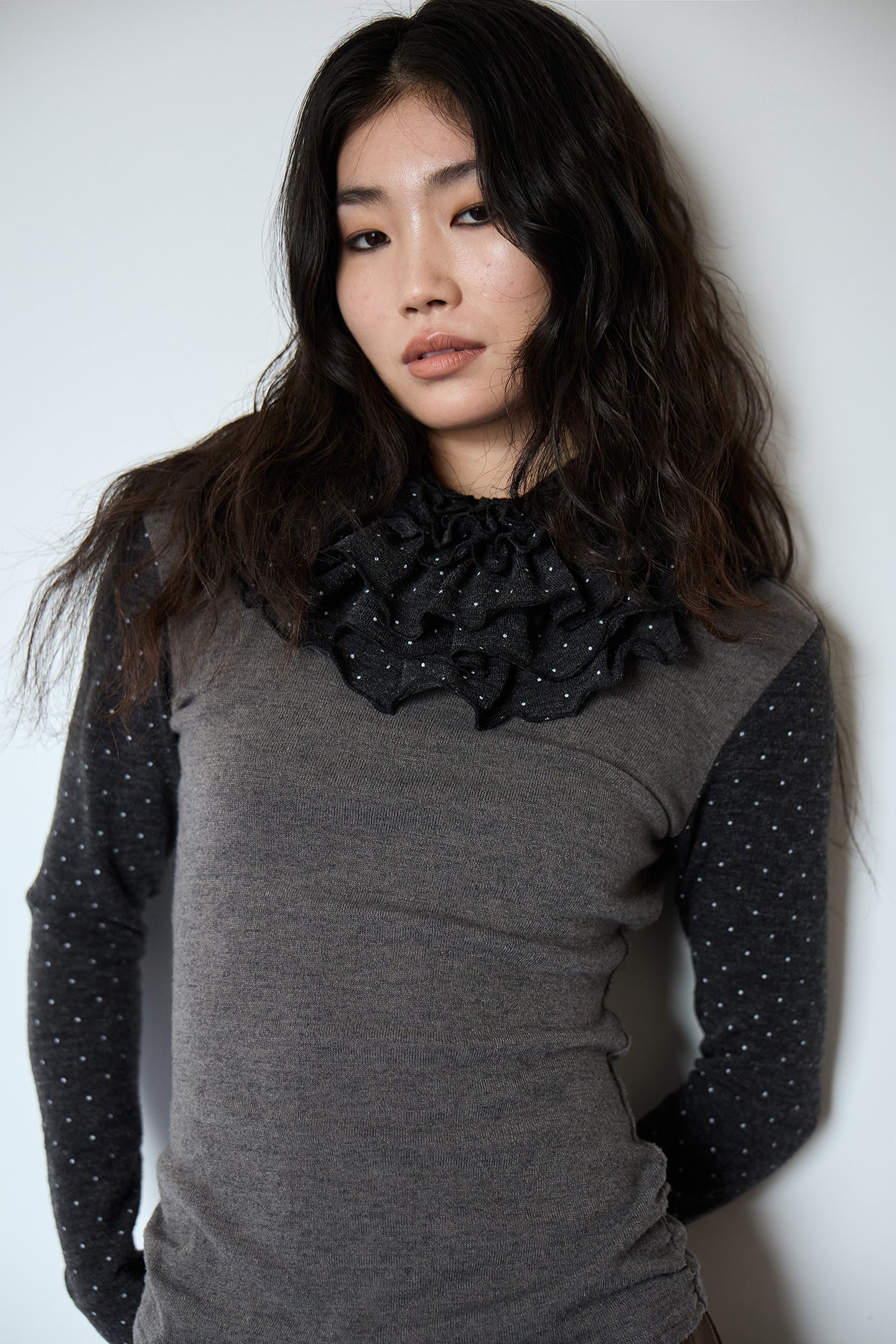 Polka Dot Frill Detachable-Scarf Top