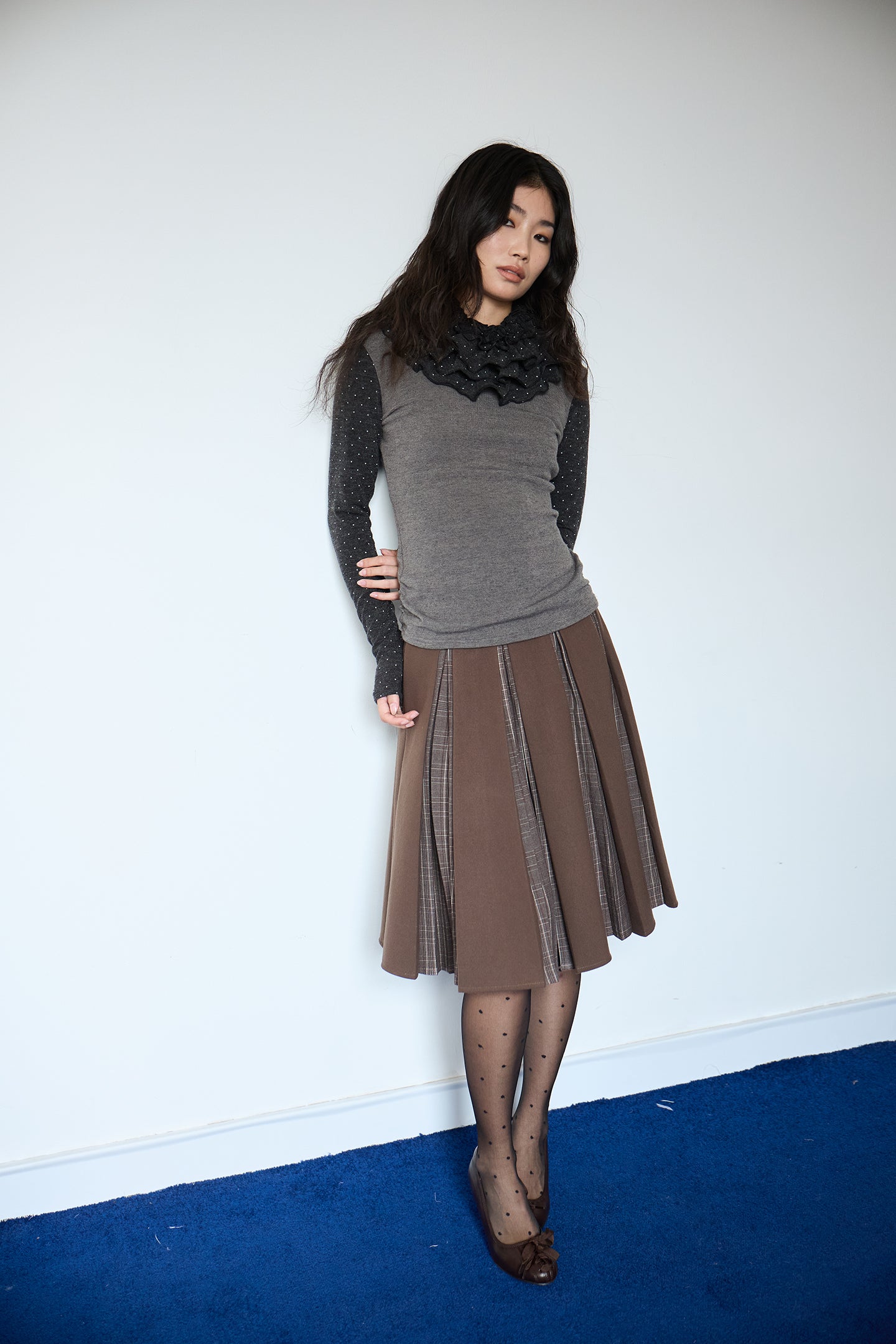 Brown Layered Pleated Plaid Patchwork Skirt