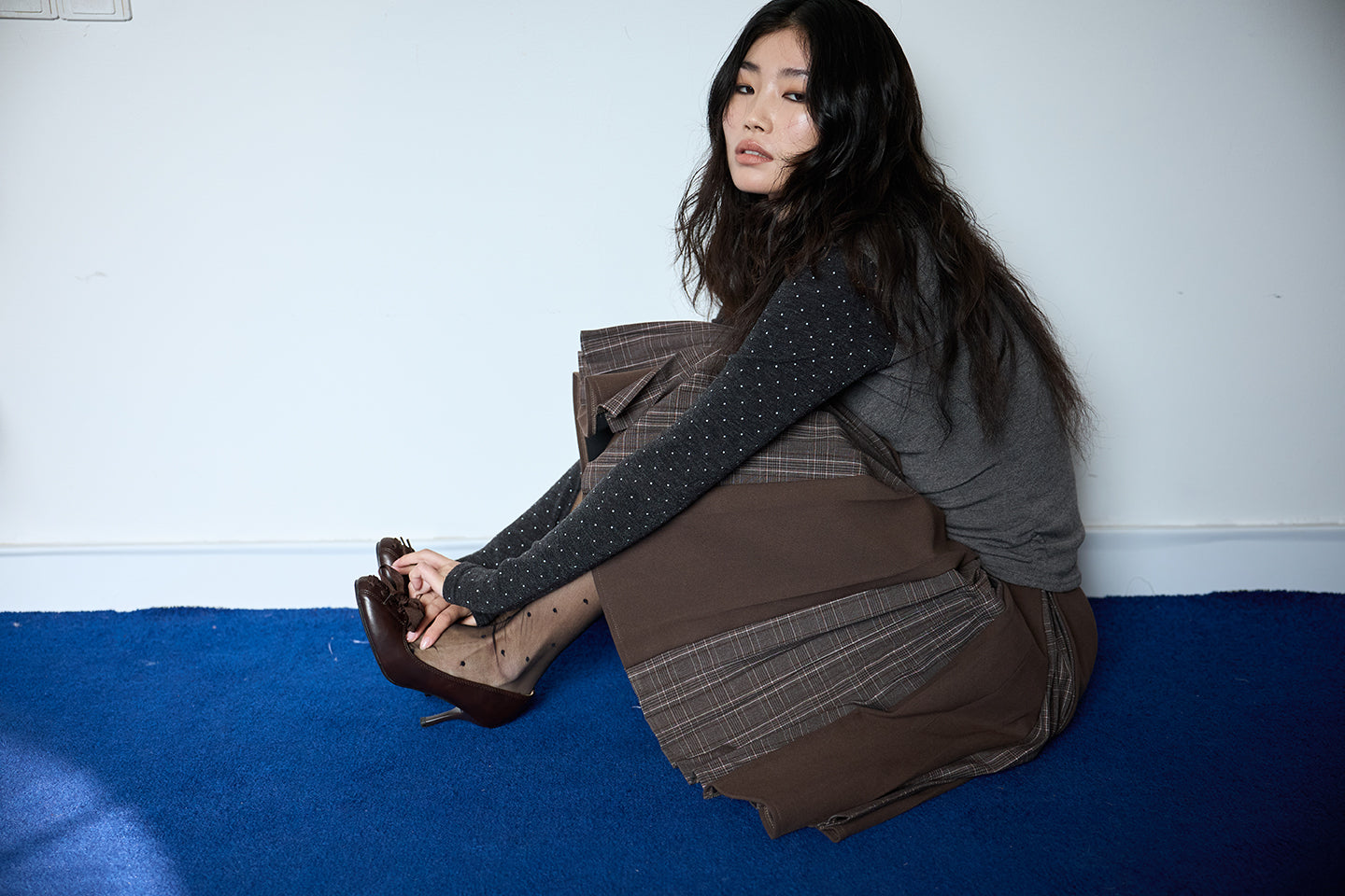 Brown Layered Pleated Plaid Patchwork Skirt