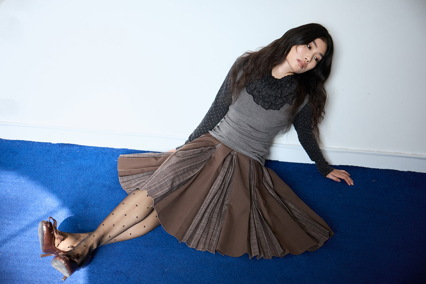 Brown Layered Pleated Plaid Patchwork Skirt