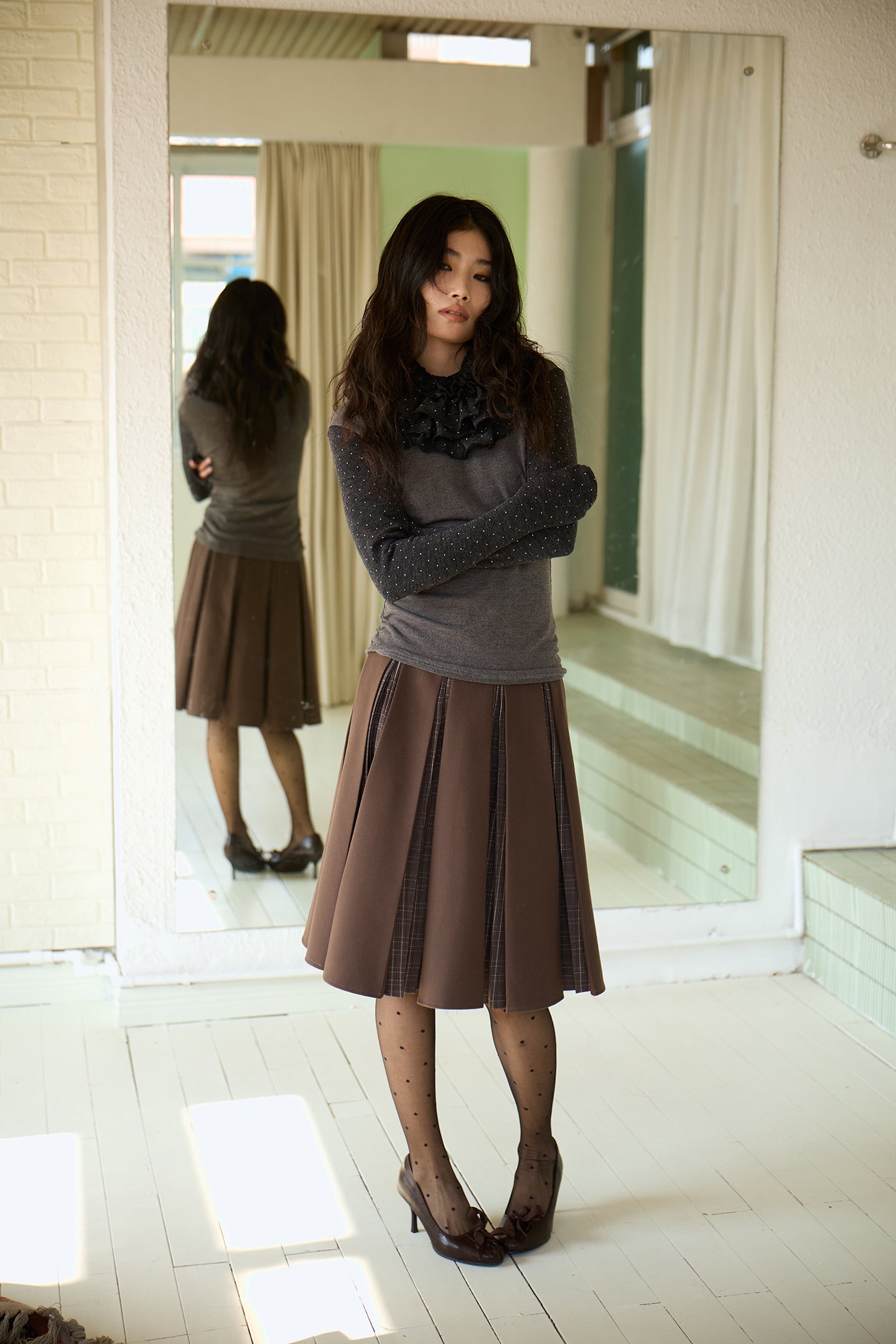 Brown Layered Pleated Plaid Patchwork Skirt