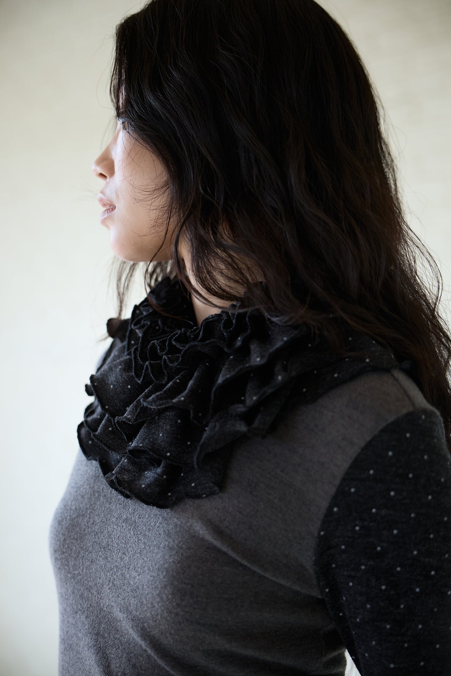 Polka Dot Frill Detachable-Scarf Top